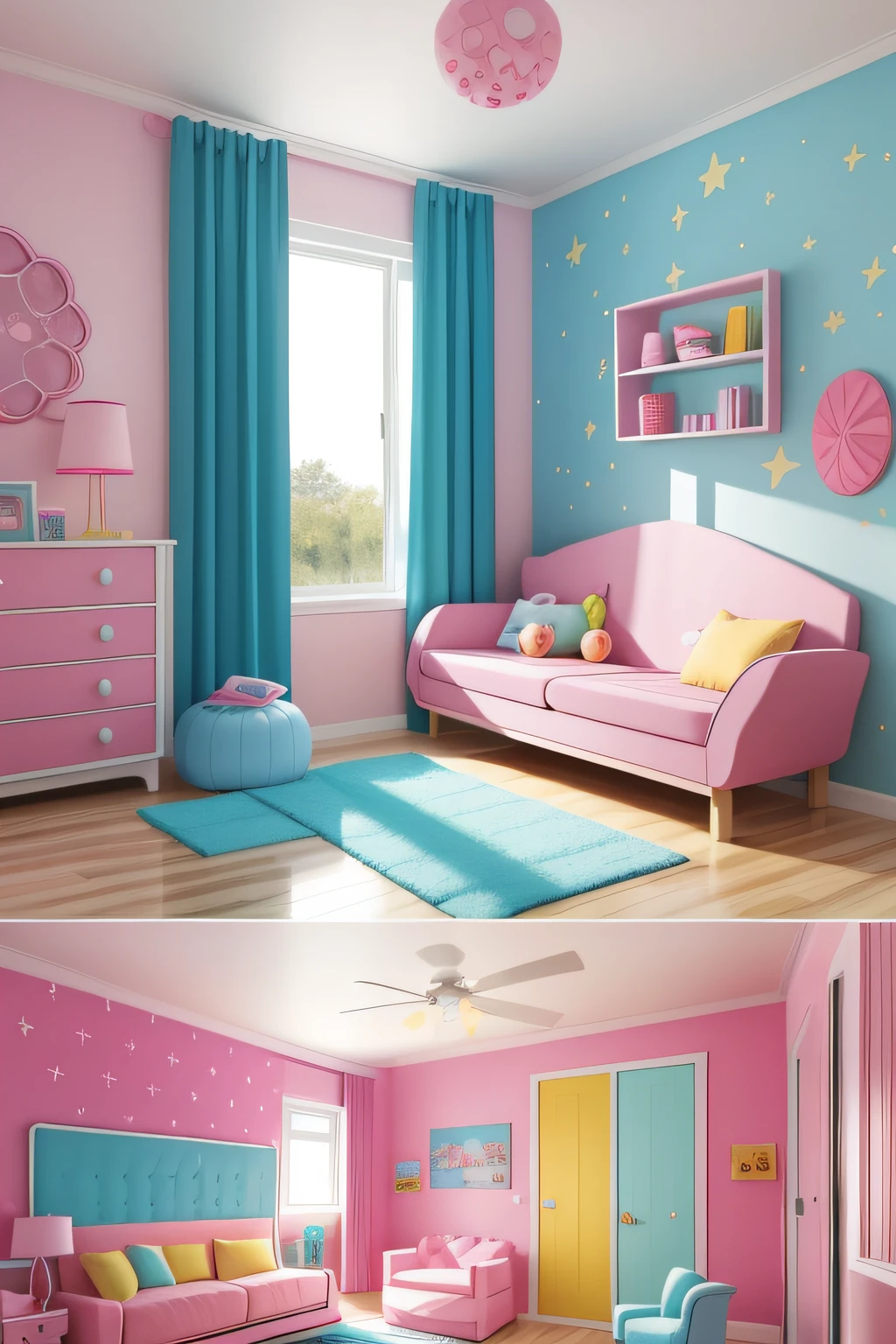 a 3D rendering of a children's room with a couch, dresser, door, and toys. The room is decorated in a colorful and playful style, with pink, blue, and yellow walls. There are clouds and stars painted on the walls, and a variety of toys scattered around the room. The couch is covered in a soft, plush fabric, and the dresser has a playful design with rounded edges. The door is closed, but we can see a glimpse of a hallway beyond.