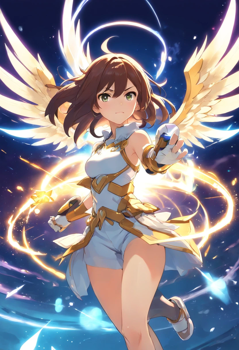 fantasy, 1angel_girl,(young_teen:1.5), ,brown_hair, medium_bob_hair, long_bangs, halo,bare_shoulder,thighhighs,silver_armor, waist_armor, large_breasts,angry,grinning,open_mouth_teeth, 1pair_wings, dynamic_pose_fighting,floating, bare_crotch, headgear,gauntlet, greaves,city_background,slightly_spread_legs, solo, groin_naked,