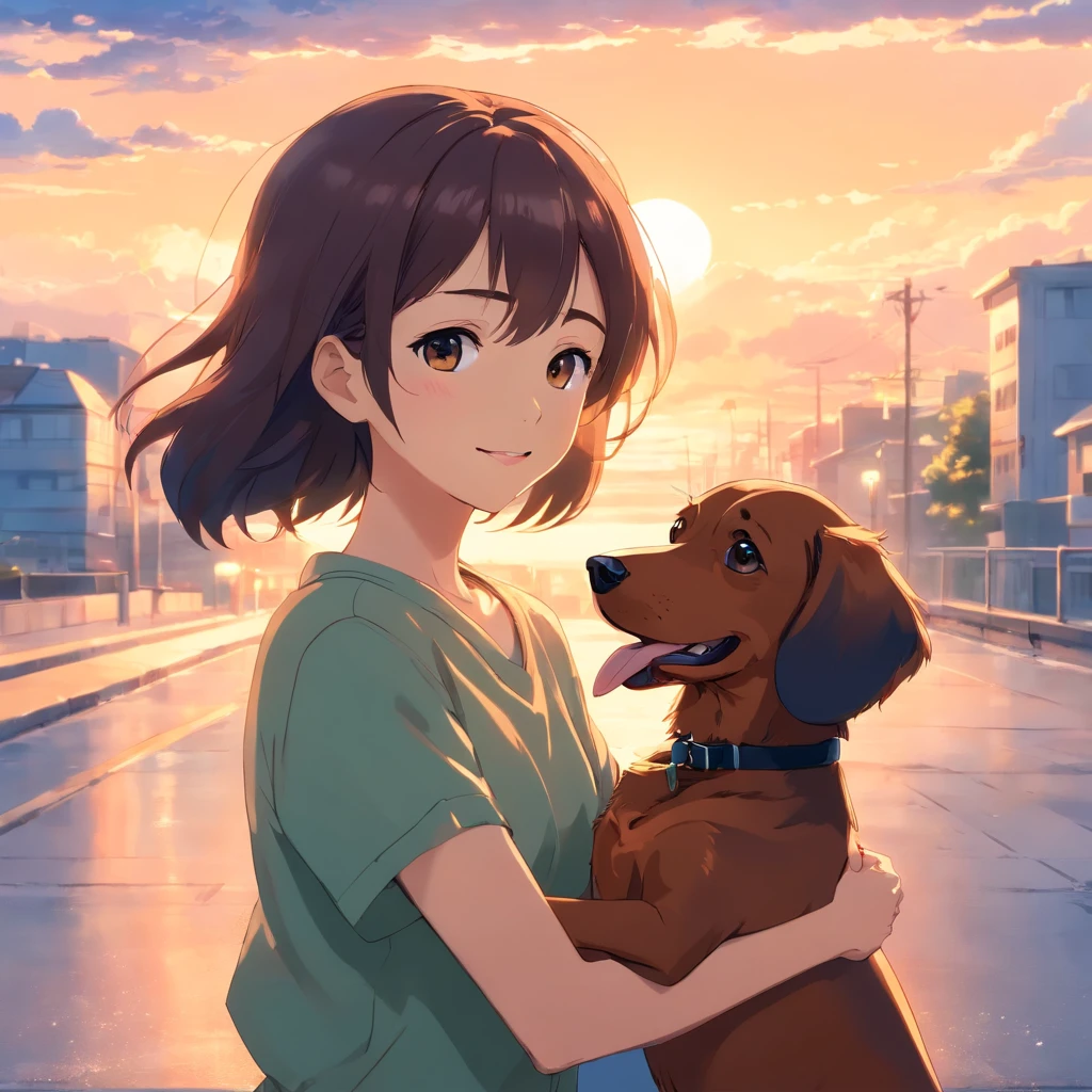 masutepiece, Best Quality, Movie Still, 1girl in, Very happy to hug her dachshund dog, Beautiful vanilla sky background