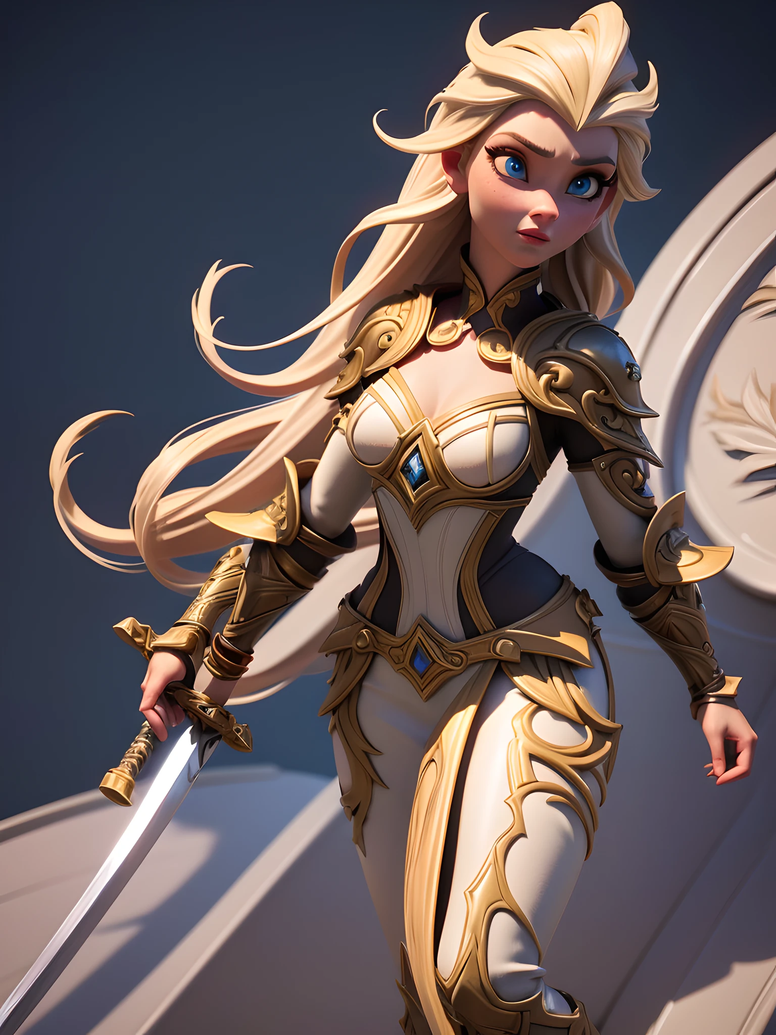 a 3D animation style model shot, fantasy art, of a Elsa from Frozen, a exquisite beautiful Elsa (masterpiece, extremely detailed, best quality), full body (masterpiece, extremely detailed, best quality), CM-Beautiful_armor wearing white heavy armor (masterpiece, extremely detailed, best quality), latex corset (masterpiece, extremely detailed, best quality), blue dress (masterpiece, extremely detailed, best quality) , holding a fantasy long sword fantasysword sword, pale skin, blond hair, long hair, blue eyes color, jewelry, Viking village background (masterpiece, extremely detailed, best quality), best realistic, best details, best quality, 16k, [ultra detailed], masterpiece, best quality, (extremely detailed), ultra wide shot, photorealism, depth of field, 3D animation rendering, zrpgstyle