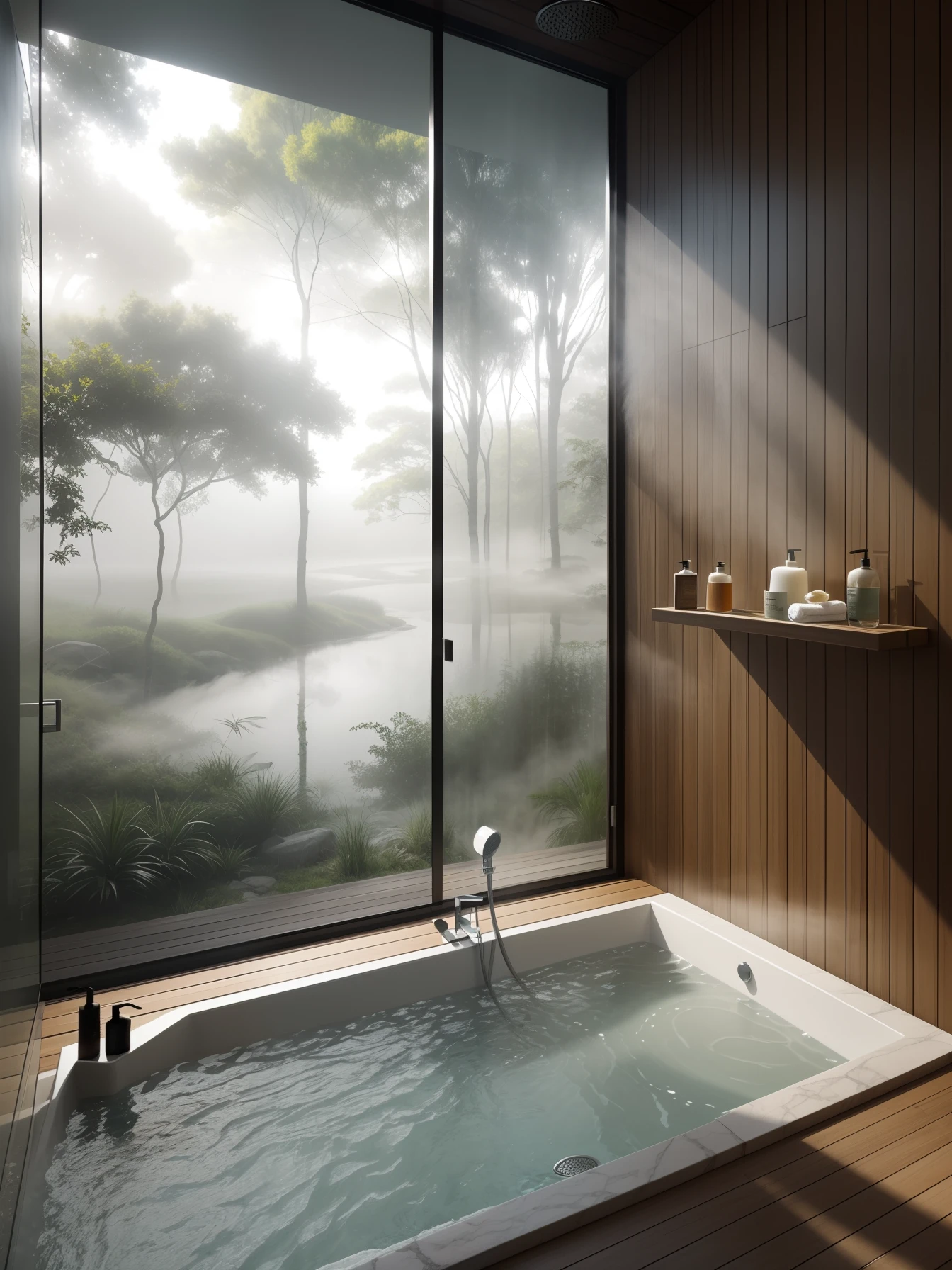 a bathroom where a light mist gently drifts through the space, creating an otherworldly and peaceful ambiance. The shower area is surrounded by the mist, and the water mixes with it to create a soothing, almost mystical bathing experience. It's a bathroom that offers a sense of escape and relaxation, as if you're showering in the midst of a tranquil foggy forest.