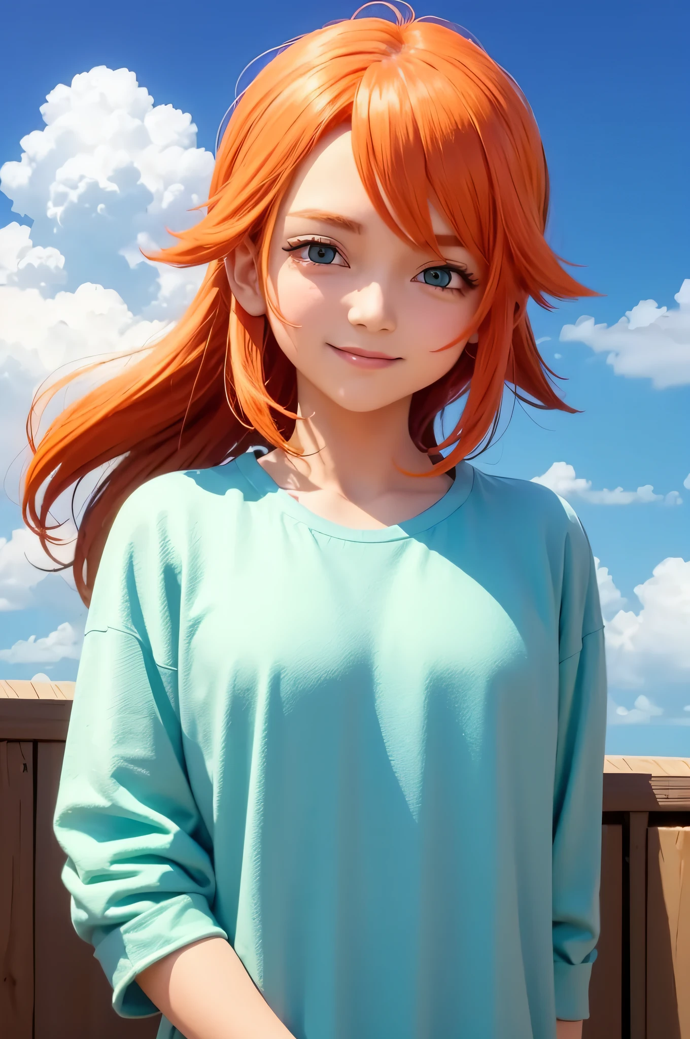 1girl, anime coloring, blue sky, close-up, cloud, cloudy sky, day, face, green eyes, looking at viewer, male focus, misty \(pokemon\), orange hair, outdoors, shirt, sky, smile, solo