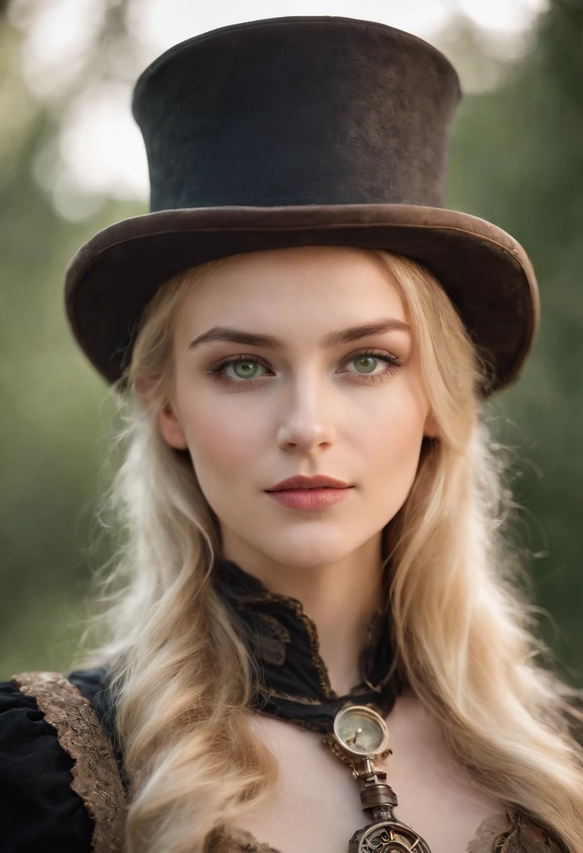 steampunk women around 18 years old, Natural blond hair, Distinctive green eyes, Wearing steampunk top hat, slender and graceful,, Beautiful, Candlelight in medieval atmosphere, Ultra Sharp Focus, realistic shot, Women's clothing in the Middle Ages, Tetradic color (Scar:1.4)
