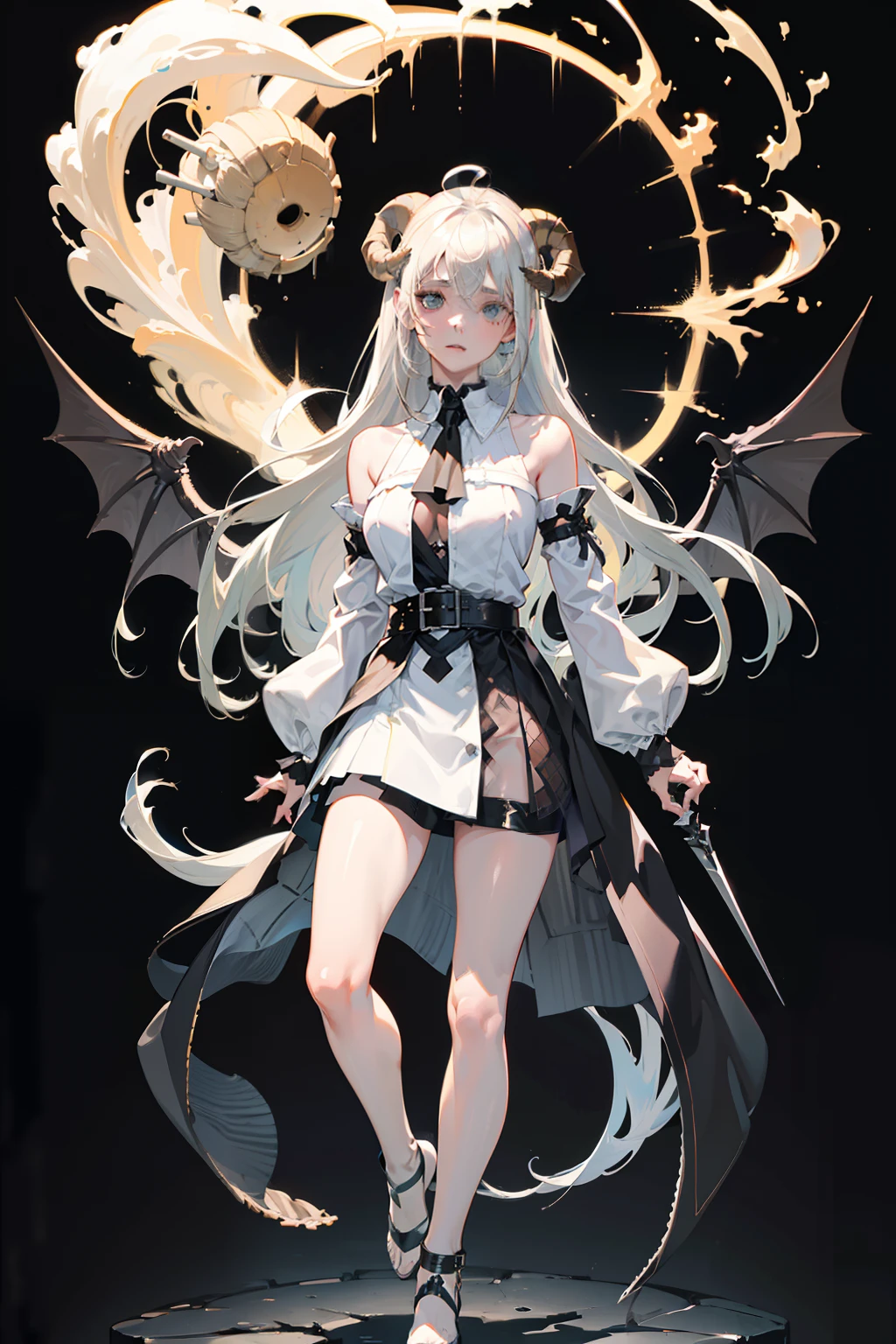 ((masterpiece, best quality)), (1girl), (solo), (female focus), (ahoge, ash blonde hair, long hair), green eyes, ((white shirt), (buttoned shirt)), ((black skirt), (short skirt)), standing, white background, arms behind back, (bat wings on the waist), (sheep horns), sad eyes, cold facial expression, cold look, pale skin, colour grading, dark illustration, extreme quality, extremely detailed, ultra hd 8k, ultra digitality, mythical, dark lightning, sleepy eyes, detailed hands, fine details, ash blonde haired deity, grey-haired, girl with ash blonde hair, nier:automata inspired, nier : automata inspired, grey haired, ash blonde hair girl, perfect grey haired girl, Full body of a person with long hair and a black shirt