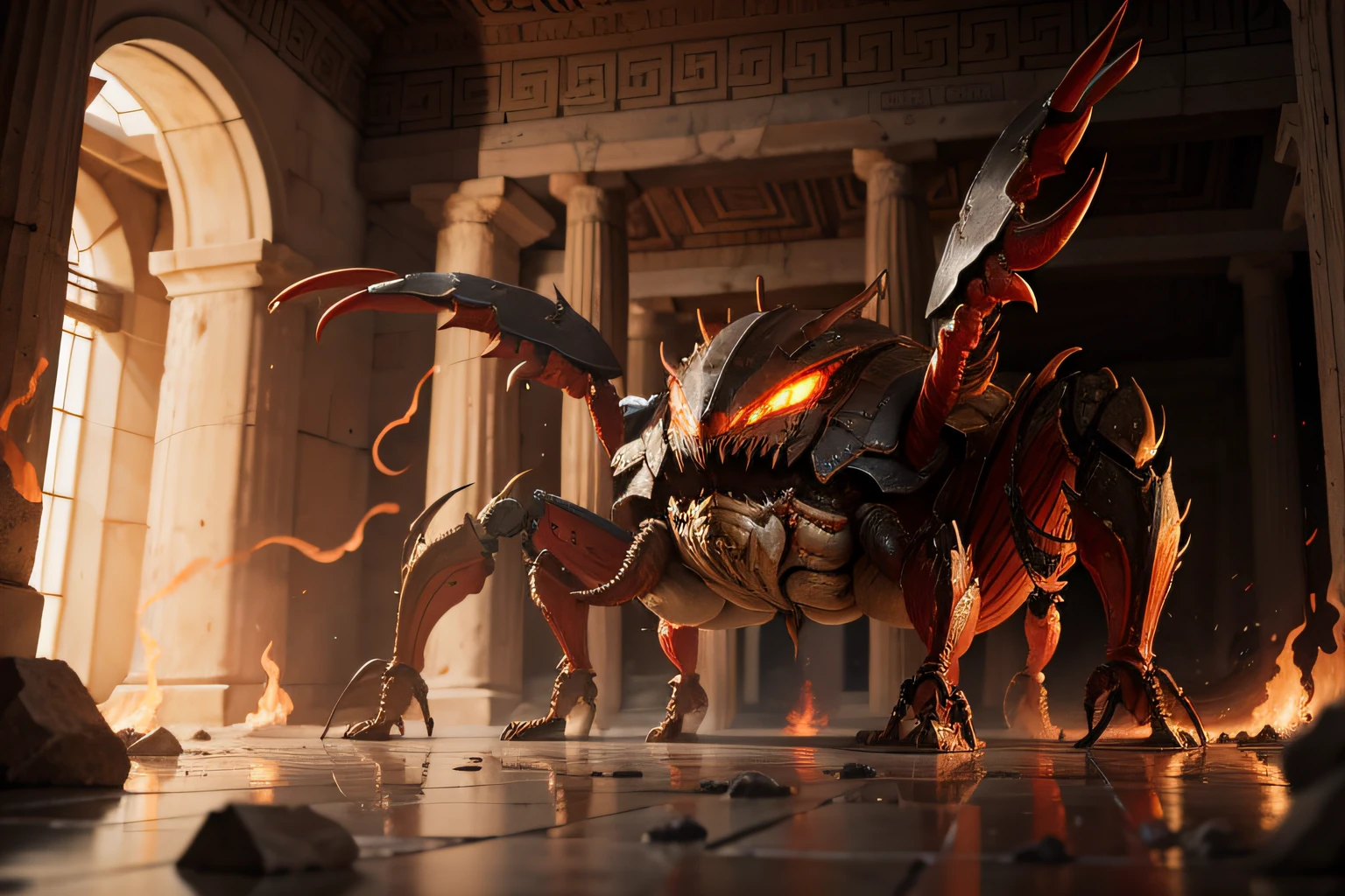 A huge mud crab holds huge claws in an ancient Greek palace filled with flames.