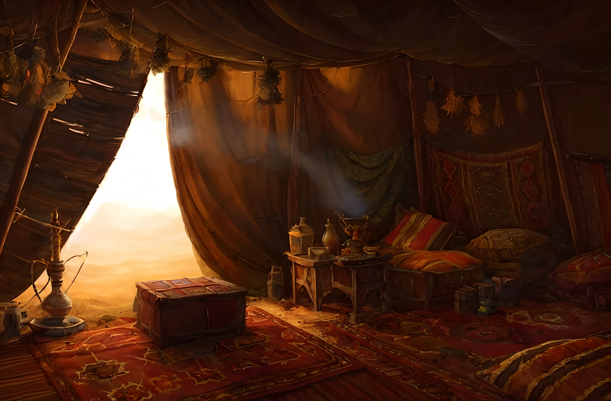 arafed room with a bed, a table, and a rug, ancient interior tent background, portrait of bedouin d&d, relaxing concept art, personal room background, arabian art, cozy place, fantastic lighting and shading, interior background art, cozy environment, by Alexander Kucharsky, warm beautiful scene, arabian night, interior of a tent