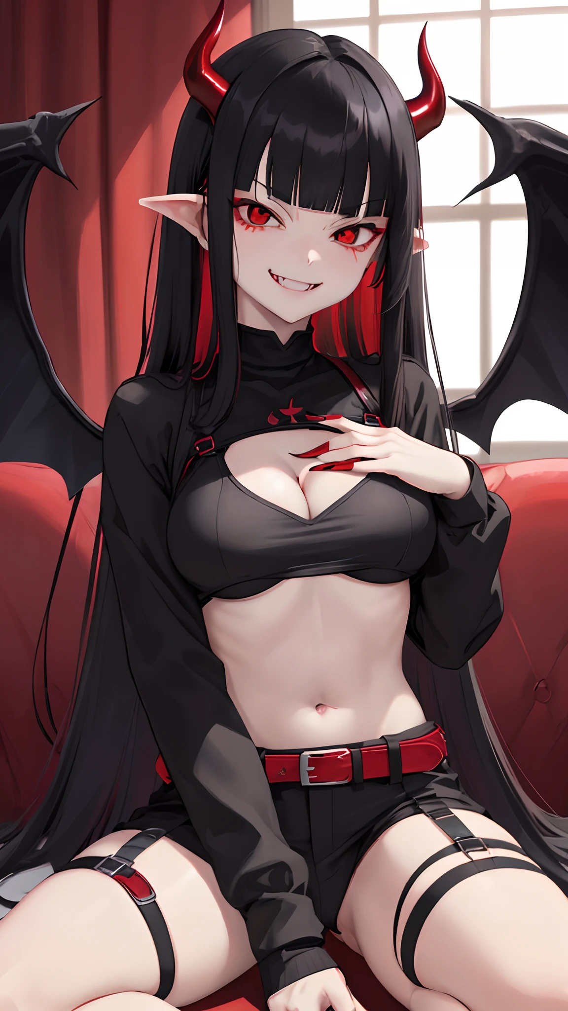 fullbody, 1 girl, floating sitting pose, pale skin, close up, face focus, ((red Devil horn,)) black hair, ((blunt bangs, straight bangs)), ((super long hair)), ((hime cut)), ((straight hair)), (((Spiteful smile, smirk, fangs))), black goth tight sweater with boob window, red harness on chest, chest harness, belt on chest, black fingernails, cute red Devil wings on her back, with bandaids, adhesive bandages, cleavage_cutout, menhera