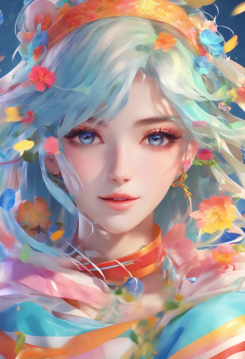 ((Shining)) , (Colorful), (Colorful),(Colorful), Colorful, Thick Paint Style, (Splash) (colored splashing),Flowers bloom all around
Vertical coating, Upper body, paint splatter, Acrylic Pigment, Gradient, Paint, Highest quality, Highest image quality, Masterpiece, Solo, Depth of field, facepaint, Colorful clothes,(ellegance: 1.2), opulent，long whitr hair,ventania，(ellegance:
1.3),(petals: 1.4)，(((Masterpiece))),(((Best quality at best))),((ultra - detailed)) (illustratio),(dynamic angle),((floatking)),(Paintwork),((Loose hair)),(Solo),(1girll)，(( (Detailed anima face))),((Beautiful detailed face)),collars,exposed bare shoulders,whaite hair,((The color hair)),((Striped hair)),Beautiful detailed eyes,(Gradient color eyes),(( (Colored eyes)))，(((Colored back
scenery)))，(((high saturated)))，（（ssmile））(((Surrounded by colorful splashes))) pic,(((Clothes get wet with water)))
