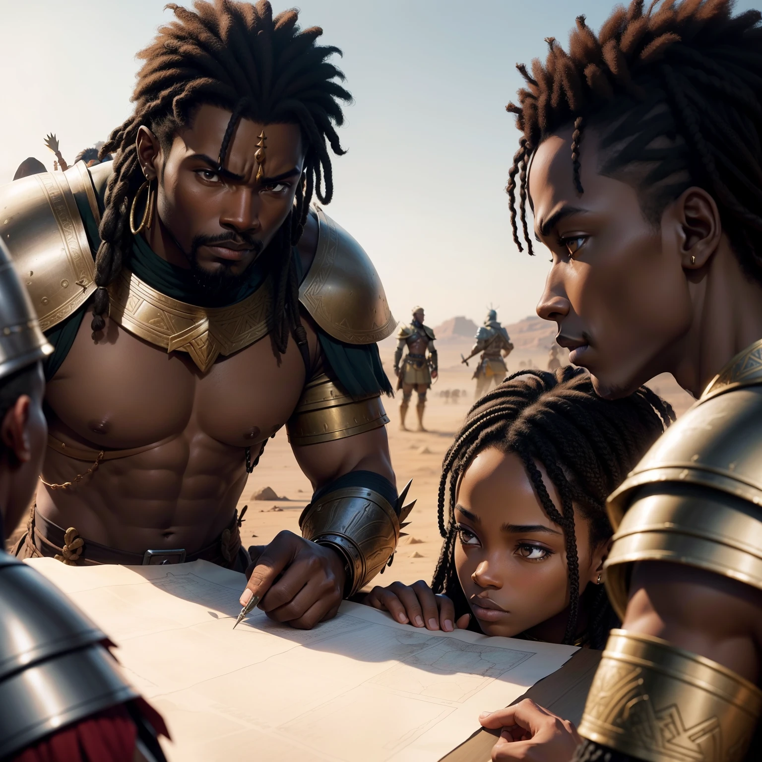 A group of African warriors strategizing before a battle: Illustrate a scene where African warriors are huddled together, discussing battle plans and studying a map. Show their determination and focus as they prepare to enter the battlefield.
Remember to approach these prompts with cultural sensitivity and respect, ensuring accurate representation and avoiding stereotypes.