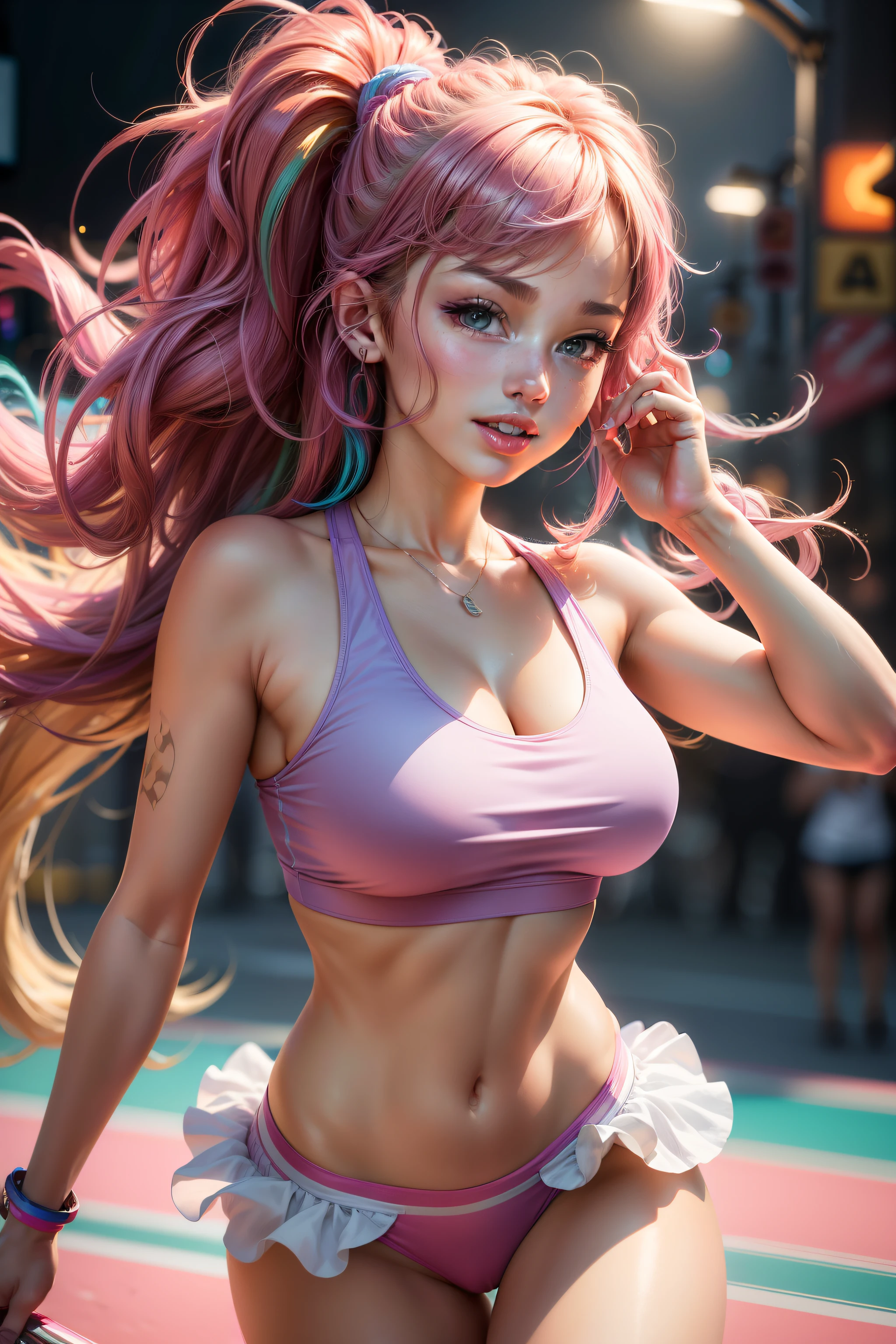 (best quality,4k,8k,highres,masterpiece:1.2),ultra-detailed,(realistic,photorealistic,photo-realistic:1.37),cute girl in pop fusion style, portraits, vibrant colors, soft lighting, glossy texture, flowing hair, sparkling eyes, delicate facial features, stylish outfit, dynamic pose, urban background, neon lights, cheerful expression, glowing skin, retro elements, playful atmosphere, energetic brushstrokes, lively composition, happy mood, catchy pop music, youthful vibe