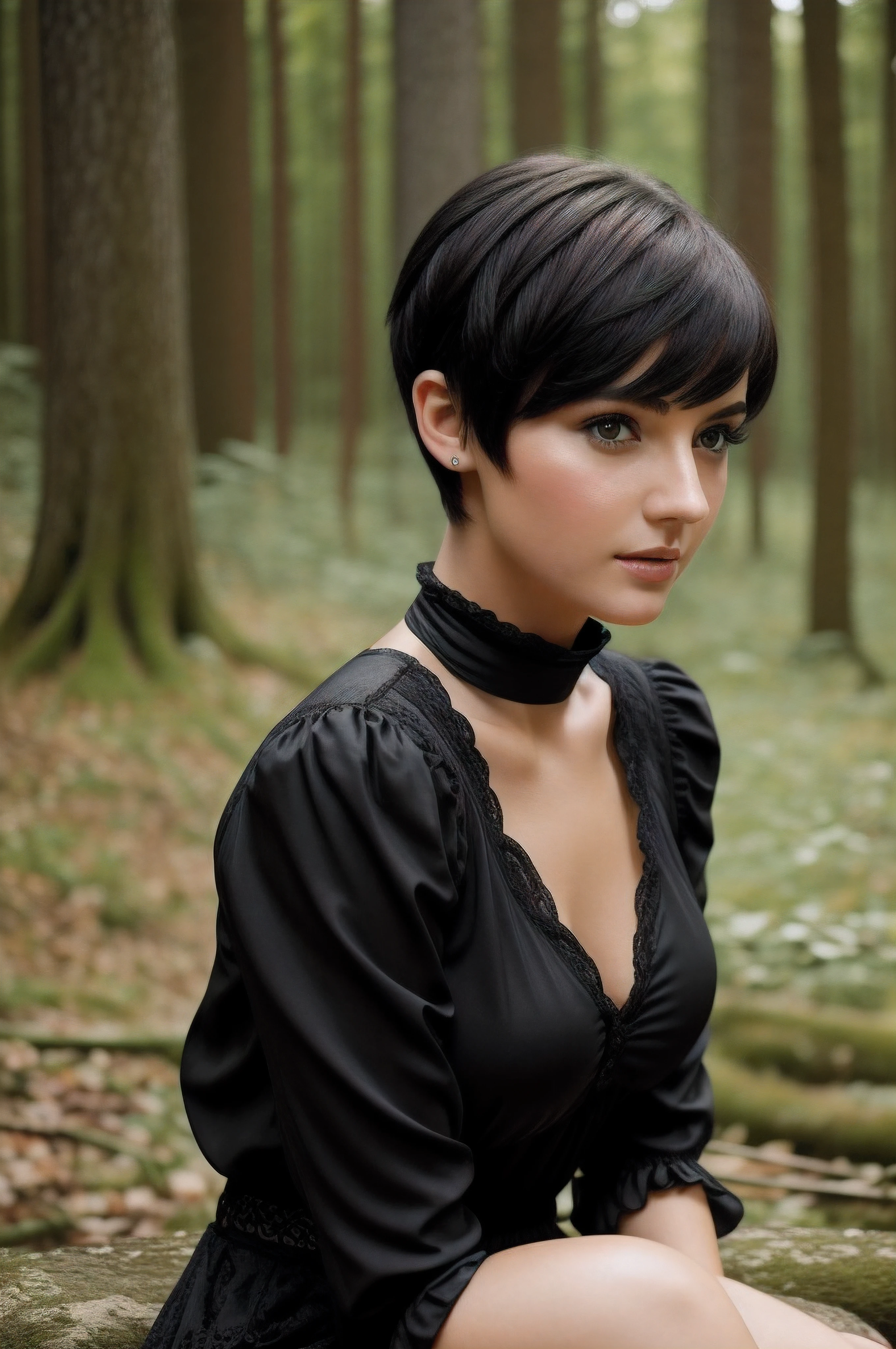 very high resolution, (fidelity: 1.4), photo, 1 robot girl, day, forest clearing, best quality, 8k, masterpiece: 1.3, ultra-realistic, robot woman, woman with a robot body, like an ex-machina, sitting on a bench posing for the photo, head like Anastasia ovchinnikova, black short hair, short black hair cut in a fairy tale, with short hair, head like Olga Buzova, short black hair, alina ivanchenko, short dark hairstyle, fairytale hairstyle, fairytale hairstyle, Julia Gorokhova, leaning to camera, ultra-realistic, photo poses, fairy shape short black hair, outdoors, best quality, ultra high resolution, raw photo, bright diffused light,