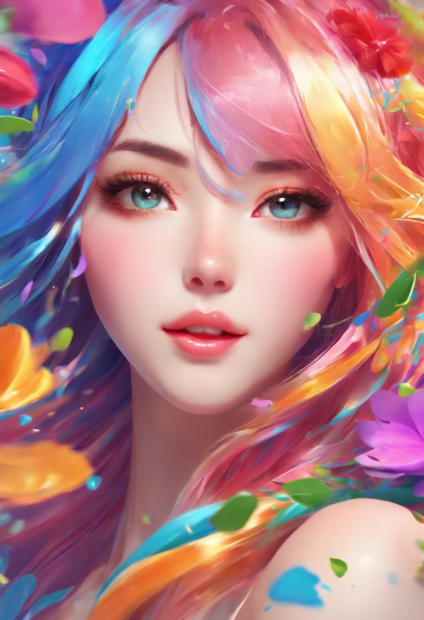 ((Shining)) , (Colorful), (Colorful),(Colorful), Colorful, Thick Paint Style, (Splash) (colored splashing),Flowers bloom everywhere
Vertical coating, Upper body, paint splatter, Acrylic Pigment, Gradient, Paint, Highest quality, Highest image quality, Masterpiece, Solo, Depth of field, facepaint, Colorful clothes,(ellegance: 1.2), opulent,long whitr hair,ventania,(ellegance:
1.3),(petals: 1.4),(((Masterpiece))),(((Best quality at best))),((ultra - detailed)) (illustratio),(dynamic angle),((floatking)),(Paintwork),((Loose hair)),(Solo),(1girll),(( (Detailed anima face))),((Beautiful detailed face)),collars,exposed bare shoulders,whaite hair,((The color hair)),((Striped hair)),Beautiful detailed eyes,(Gradient color eyes),(( (Colored eyes))),(((Colored back
scenery))),(((high saturated))),((ssmile))(((Surrounded by colorful splashes))) pic,(((Clothes get wet with water)))