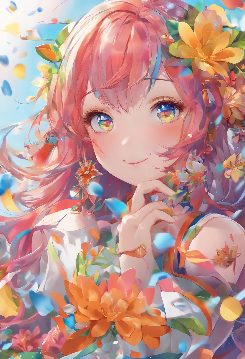((Shining)) , (Colorful), (Colorful),(Colorful), Colorful, Thick Paint Style, (Splash) (colored splashing),Flowers bloom everywhere
Vertical coating, Upper body, paint splatter, Acrylic Pigment, Gradient, Paint, Highest quality, Highest image quality, Masterpiece, Solo, Depth of field, facepaint, Colorful clothes,(ellegance: 1.2), opulent,long whitr hair,ventania,(ellegance:
1.3),(petals: 1.4),(((Masterpiece))),(((Best quality at best))),((ultra - detailed)) (illustratio),(dynamic angle),((floatking)),(Paintwork),((Loose hair)),(Solo),(1girll),(( (Detailed anima face))),((Beautiful detailed face)),collars,exposed bare shoulders,whaite hair,((The color hair)),((Striped hair)),Beautiful detailed eyes,(Gradient color eyes),(( (Colored eyes))),(((Colored back
scenery))),(((high saturated))),((ssmile))(((Surrounded by colorful splashes))) pic,(((Clothes get wet with water)))