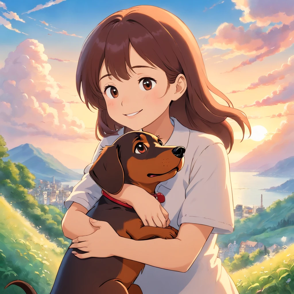masutepiece, Best Quality, Movie Still, 1girl in, Very happy to hug her dachshund dog, Beautiful vanilla sky background