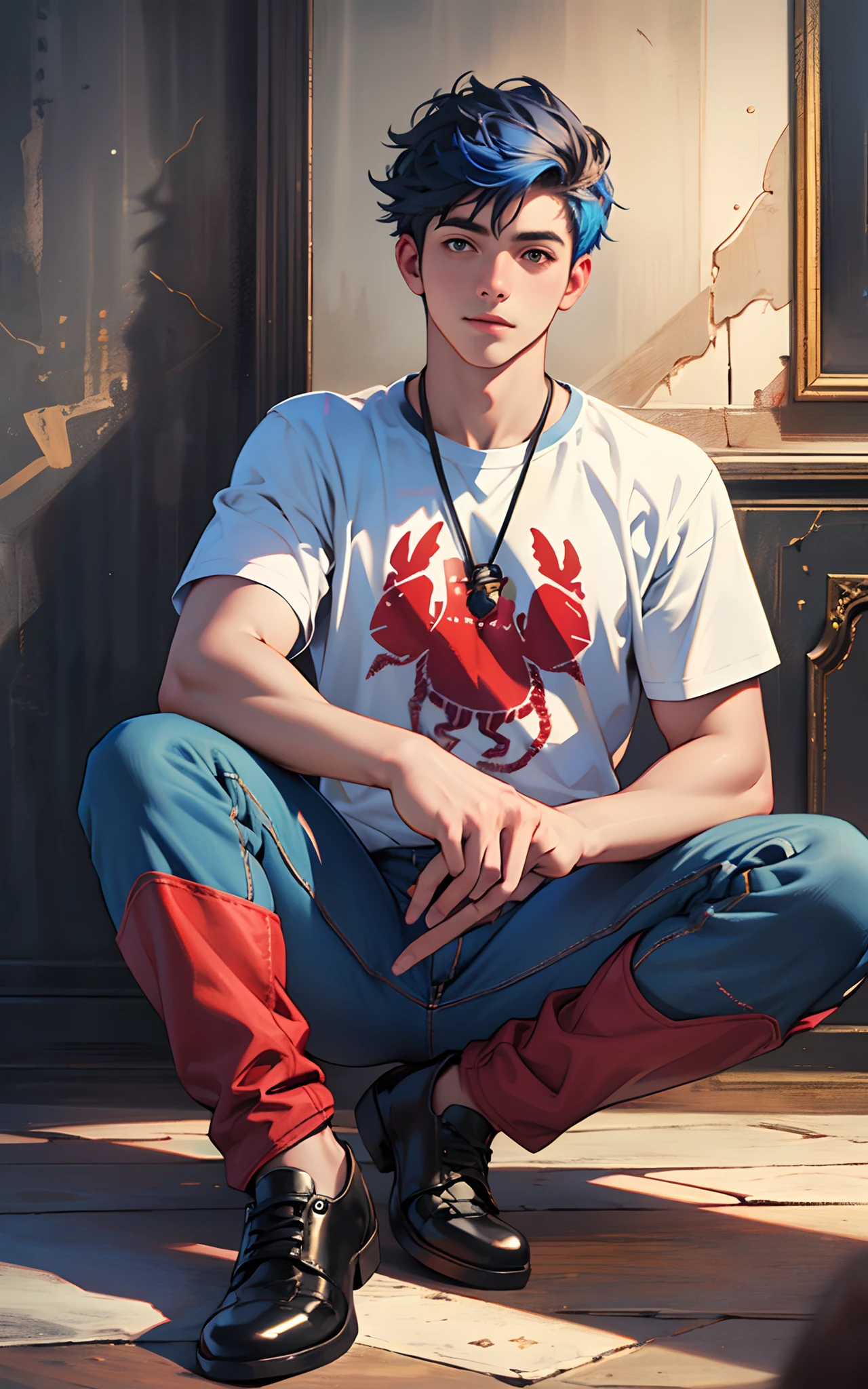 A young man at the age of 20 with a lobster head, red hands and feet, wearing a blue shirt and blue pants, best quality, ultra-detailed, realistic:1.37, vibrant colors, portraits, warm color tone, soft lighting.