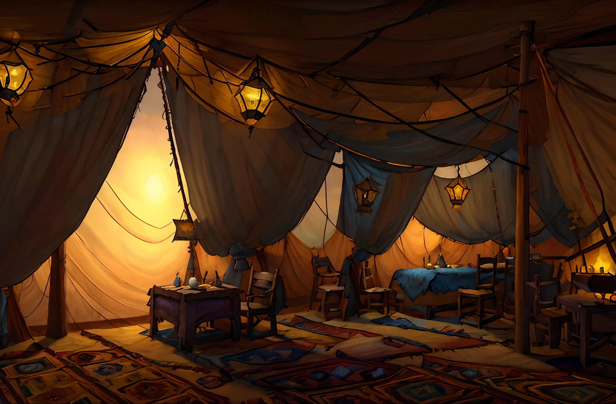 arafed room with a bed, a table, and a rug, ancient interior tent background, portrait of bedouin d&d, relaxing concept art, personal room background, arabian art, cozy place, fantastic lighting and shading, interior background art, cozy environment, by Alexander Kucharsky, warm beautiful scene, arabian night, interior of a tent