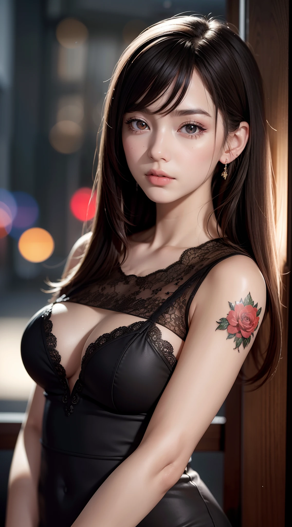 masutepiece, Best Quality, Extremely detailed, cinematic lightening, intricate detailes, hight resolution, Official art, Dense beautiful face and eyes, High resolution illustration, 8K, depth of fields, Bokeh, Solo, 1girl in, The tattoo, Girl with girly hair and red eyes, Beautiful red eyes, Beautiful Landscapes, Rainy city, Upper body, Looking at Viewer, close up