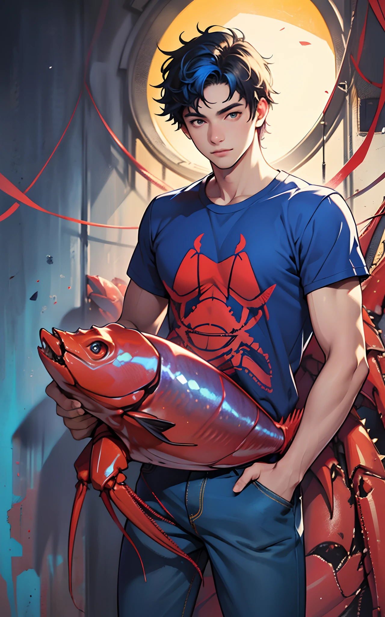 A young man at the age of 20 with a lobster head, red hands and feet, wearing a blue shirt and blue pants, best quality, ultra-detailed, realistic:1.37, vibrant colors, portraits, warm color tone, soft lighting.