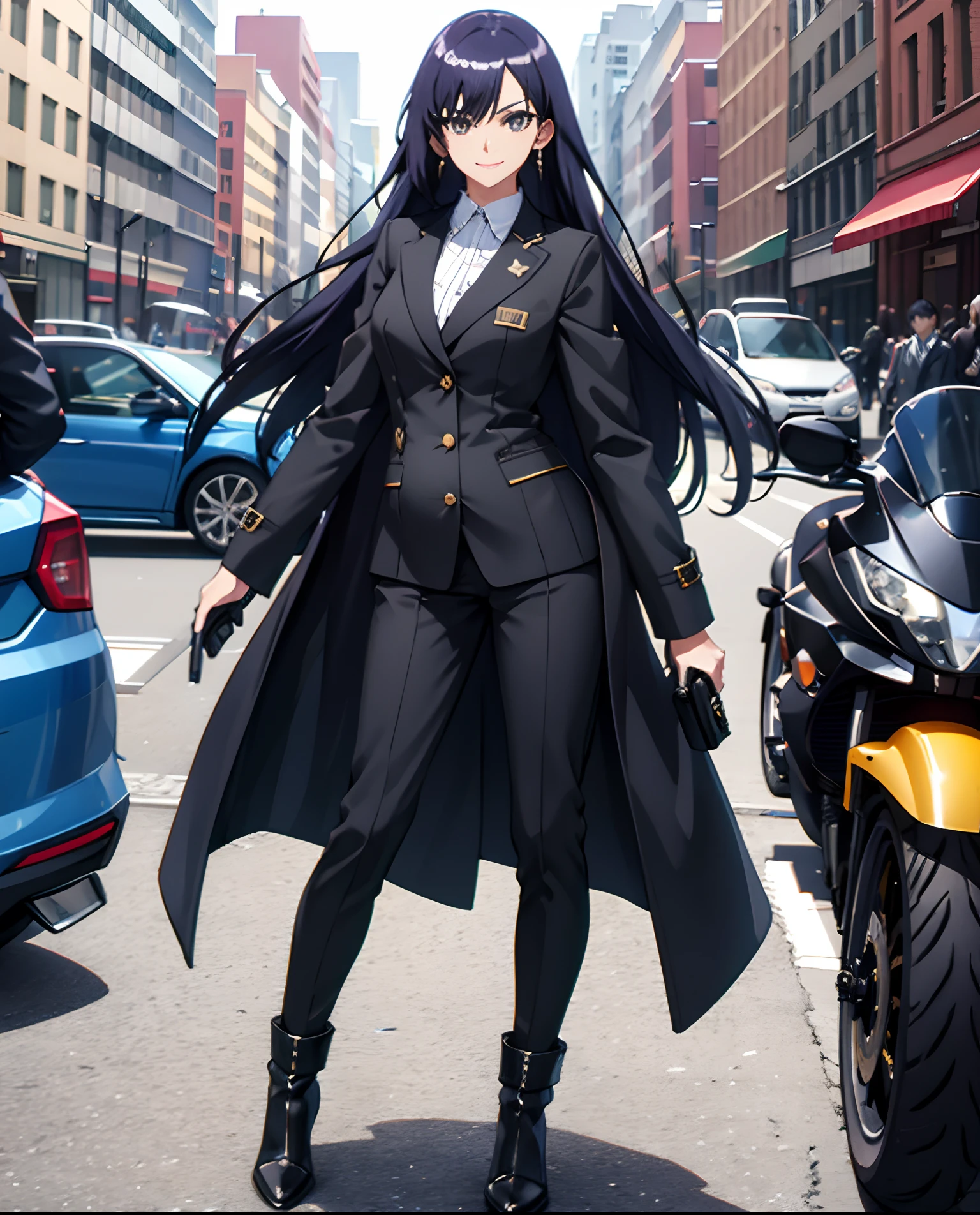 (masutepiece), Expressive eyes, Perfect face, 1 girl, Seductive smile, , Black pantsuit, ((Standing)), nice thigs、Long straight hair、Black long coat、Black long boots、Long body、Glamorous、total、Pregnant Woman、Riding a motorcycle