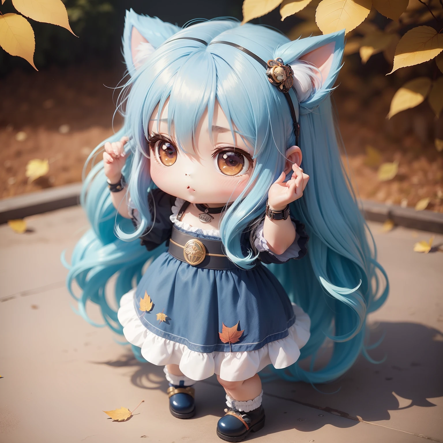 Chibichara long hair with blue hair((Chibi Chara))、Fluffy、girl with、Chibi Chara、full body Esbian、Pastel colors hair、masutepiece、top-quality、Background of autumn leaves
