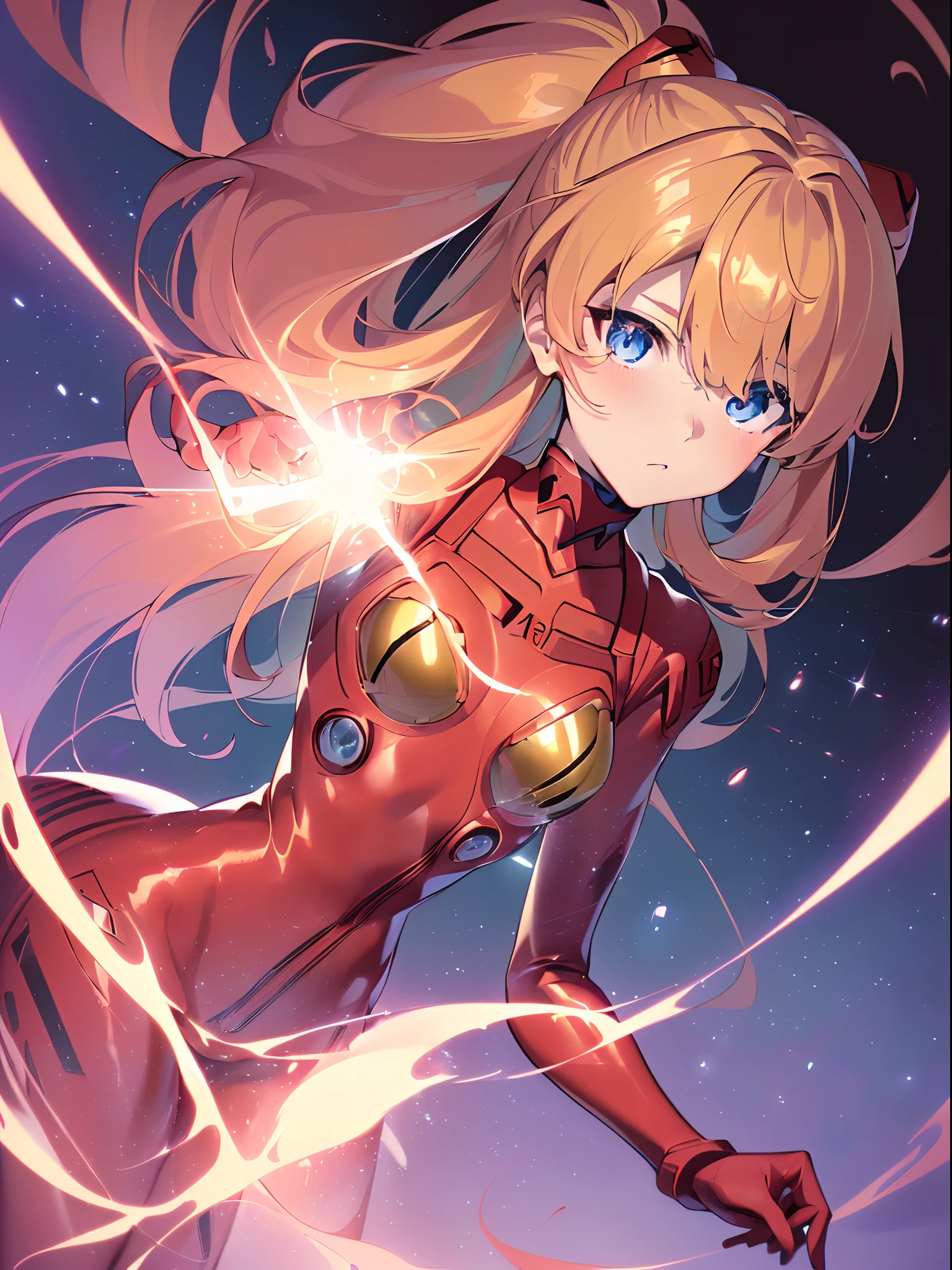 ((souryuu asuka langley, interface headset, red bodysuit:1.4, blonde)),(glowing eyes:1.233),(beautiful and detailed eyes:1.1),(expressionless,closed mouth),(standing), 1girl,solo,(masterpiece,best quality, official art,aim to viewers, beautiful and aesthetic:1.2),(ultra high res,spiral, golden ratio, (4k), see from above,((above the earth)),((in the space)),floating,good lighting, (photon mapping, radiosity, physically-based rendering,automatic white balance), technological sense,Amazing,sharp focus,rich background, (((high detailed skin,)))dynamic lighting,intricate detailed outfit,glowing eyes,watery eyes,(masterpiece sidelighting),(bishoujo,lustrous),[[delicate fingers and hands:0.55]::0.85],(detail fingers),((((SLR camera lens reflected in the eyes,Ultra Photographic Quality,fisheye,ultra wide angles)))),((incredibly absurdres)),micro shot,((extremely_detailed_eyes_and_face)),(disheveled hair),darkness,FilmGirl