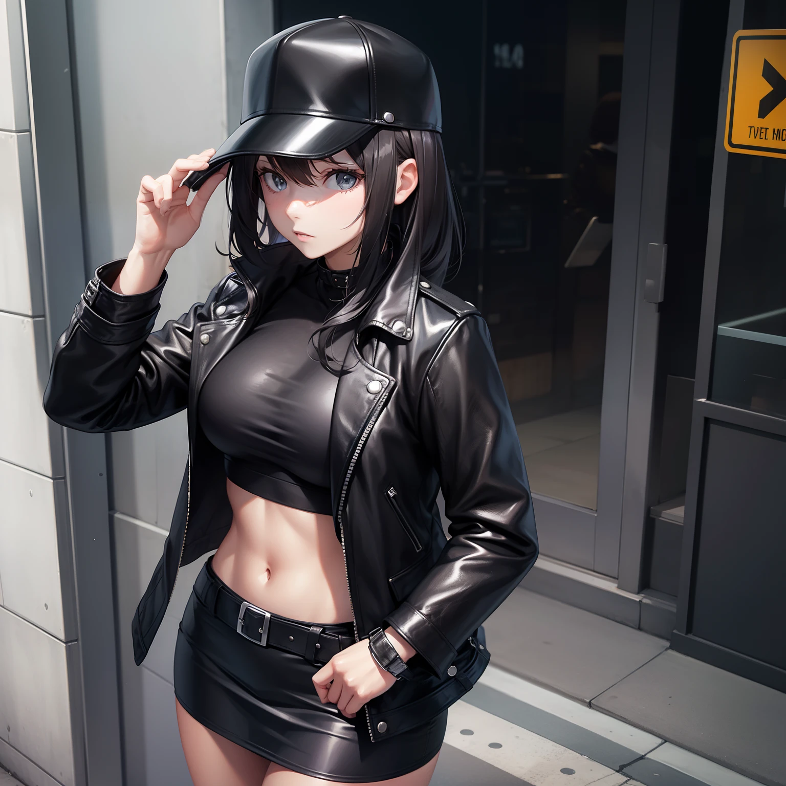 Female Detective, Black leather jacket, Super Miniskirt, keeping watch, Looking at Viewer, street corner