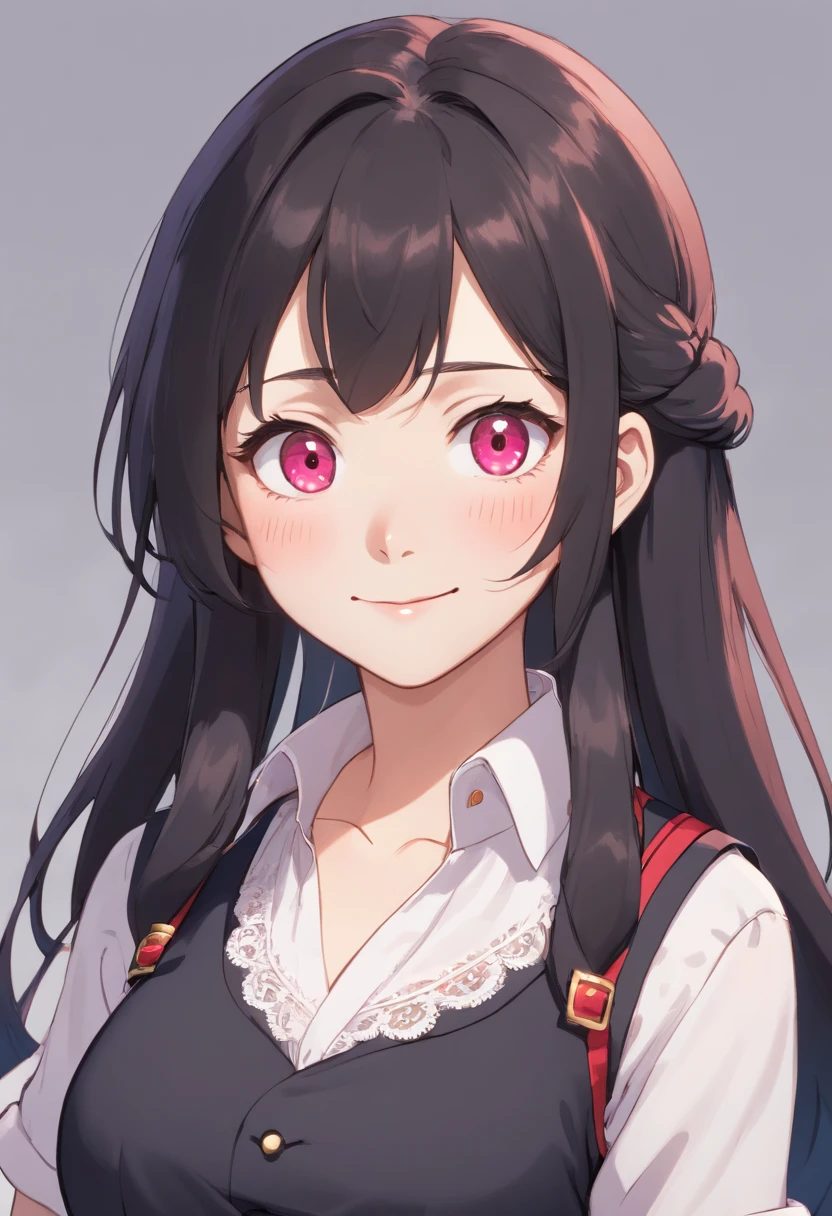 8K picture quality、top-quality、masutepiece、An ultra-high picture quality、ultra-detailliert、Ultra-realistic hair quality、Vibrant colors、Beautuful Women、Beautiful long hair、Shiny hair、detailed hairs, poneyTail、Violet eyes、shinny skin、Lace underwear、big breasts、Sweat on the forehead and cheeks, A smile、soft pink lips、Ultra-realistic flesh feeling、Red cheeks、Black Vest with White Blouse, Blouse Collar, black hair, looking at camera, blank background, mugshot
