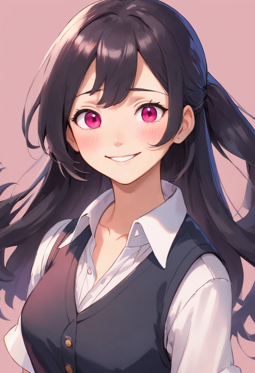 8K picture quality、top-quality、masutepiece、An ultra-high picture quality、ultra-detailliert、Ultra-realistic hair quality、Vibrant colors、Beautuful Women、Beautiful long hair、Shiny hair、detailed hairs, poneyTail、Violet eyes、shinny skin、Lace underwear、big breasts、Sweat on the forehead and cheeks, A smile、soft pink lips、Ultra-realistic flesh feeling、Red cheeks、Black Vest with White Blouse, Blouse Collar, black hair, looking at camera, blank background, mugshot