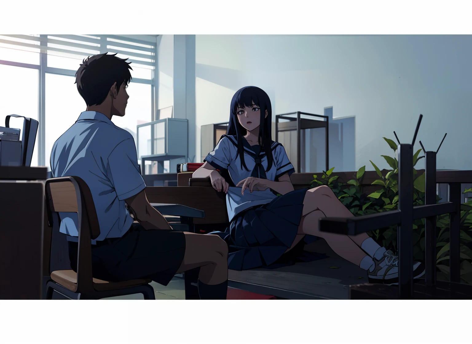 Anime scene, 1girl, highschool girl talking high school boy