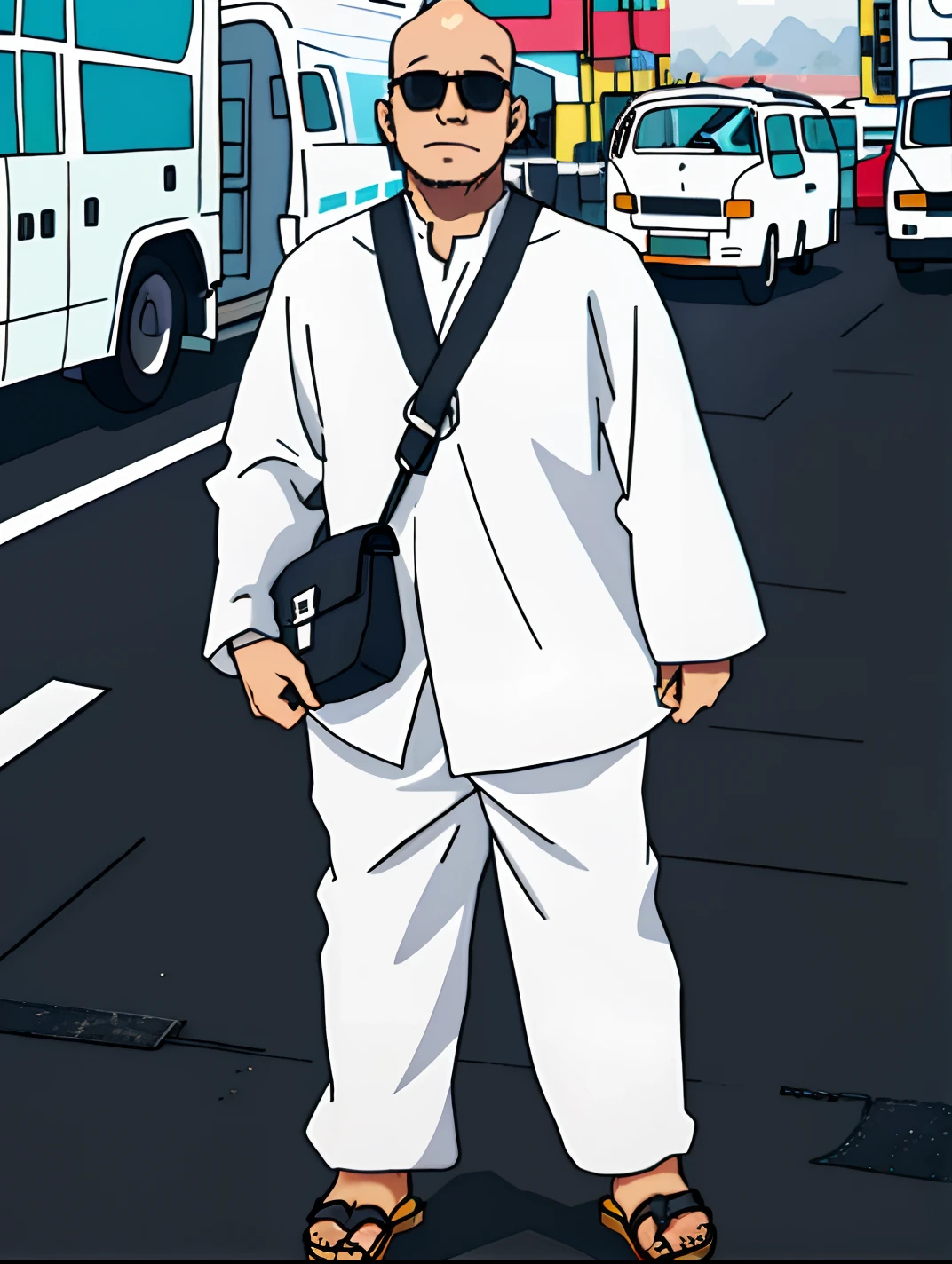 there is a young man standing, Black side bag, White long sleeved shird, black long pants, black sunglasses, bald, grey sandal, vacation photo, myself, superflat anime style, simple white colour background