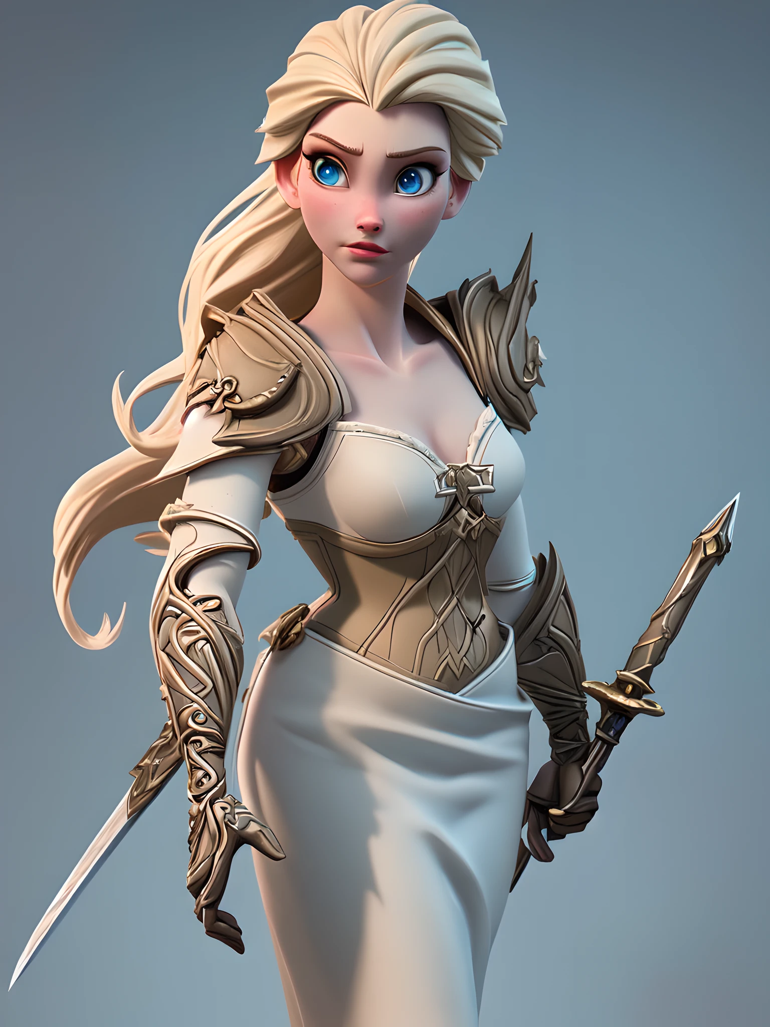 a 3D animation style model shot, fantasy art, of a Elsa from Frozen, a exquisite beautiful Elsa (masterpiece, extremely detailed, best quality), full body (masterpiece, extremely detailed, best quality), CM-Beautiful_armor wearing white heavy armor (masterpiece, extremely detailed, best quality), latex corset (masterpiece, extremely detailed, best quality), blue dress (masterpiece, extremely detailed, best quality) , holding a fantasy long sword fantasysword sword, pale skin, blond hair, long hair, blue eyes color, jewelry, Viking village background (masterpiece, extremely detailed, best quality), best realistic, best details, best quality, 16k, [ultra detailed], masterpiece, best quality, (extremely detailed), ultra wide shot, photorealism, depth of field, 3D animation rendering, zrpgstyle