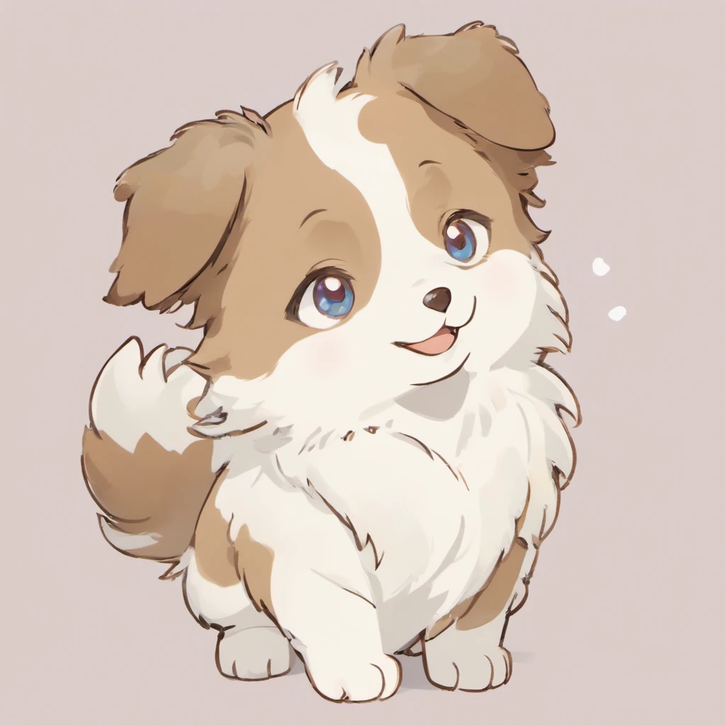 The Australian Shepherd, often referred to as an "Aussie," is a distinctive and energetic breed known for its intelligence, herding ability, and striking appearance. These dogs are of medium size and have a well-balanced and athletic build. They are slightly longer than they are tall, with a sturdy frame that conveys strength and agility.

One of the most notable features of the Australian Shepherd is its coat. They have a double coat consisting of a soft, dense undercoat and a longer, weather-resistant outer coat. The coat can vary in length but is typically straight to wavy. Australian Shepherds come in a variety of colors, including black, blue merle (a marbled pattern of gray and black), red, and red merle (a marbled pattern of red and gray). White markings are common and are often found on the face, chest, legs, and belly.

The tail of the Australian Shepherd is naturally bobbed or docked, meaning it is either very short from birth or surgically shortened. In some cases, they may have a full-length tail, but it's usually on the shorter side. Their eyes are another striking feature, known for being expressive and almond-shaped. They can come in various colors, and some Australian Shepherds even have heterochromia, where each eye is a different color.

Their ears are triangular and set high on the head, often folded forward or to the sides, giving them an alert and attentive expression. The head of an Australian Shepherd has a well-defined stop where the forehead meets the muzzle. The muzzle is of moderate length and width, and their nose can be black or liver-colored, depending on coat color. Their lips are clean and close-fitting.
sowsow pokemon art style, white background, one eye iris colour is blue and one is brown,