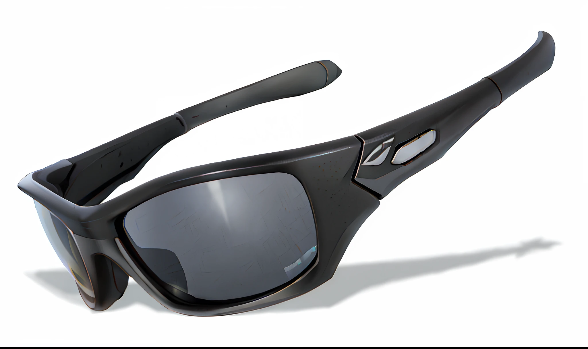 Sunglasses with black frames and gray lenses on white background, Oakleigh sunglasses, technological sunglasses, Sports glasses, designer sunglasses, Polarized lenses, High detail, full - length view. white plastic, profile shot, apex, Thick sunglasses, digital sunglasses