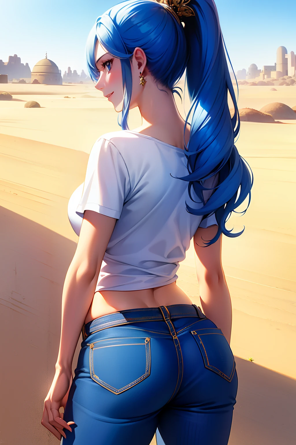 ultra realistic 8k cg, masterpiece, ((ultra detailed background, delicate pattern, intricate detail)), (highly detailed, fine details), best quality, 1girl, (photorealistic:1.4),beautiful lighting, absurdres, RAW photo, film grain, ((medium breasts, slim girl)), Vivi, 1girl, long hair, blue hair, solo, smile, earrings, ((small breasts, slim girl)), jeans, ((t-shirt, round neck)), ponytail, hair ornament, sky, blue eyes, cowboy shot, (complex detailed background, outside, sunny, desert town environment, buildings, town, market, hair lift, (showing her back, from behind), cowboy shot),