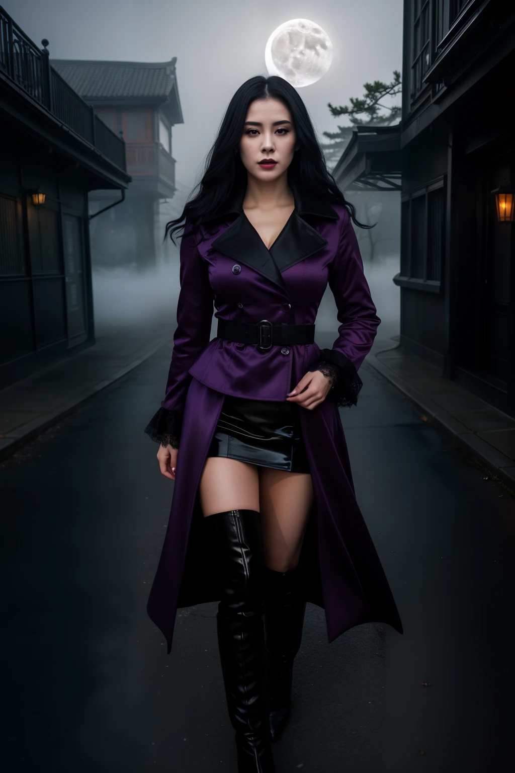 Photo realistic, Horror theme, underworld theme, dark element, realistic high quality masterpiece,1girl, (beautiful) Japanese female,Chloe cherry lips, lip filler, detailed face, age 27, symmetrical eyes,symmetrical face,subtle vampire fangs, violet eyes, wavy long black hair, walking down dark, foggy, misty, moonlit alley,clouded quarter moon in sky in background, moonlit,with fog and shadows, spooky,nightime,cinematic lighting,dressed conservatively, wearing a deep purple lace top & double breasted coat black (buttoned up) closed coat black, medium length black skirt black., fix hands, detailed lips