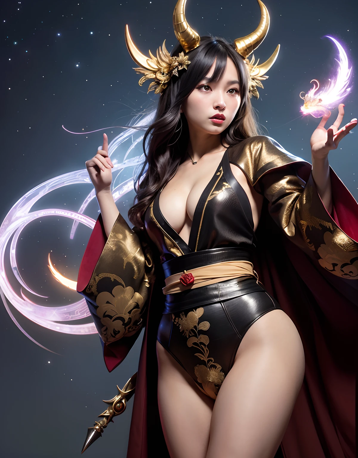 ((World of Darkness)),Professional , masterpiece、top-quality、photos realistic , depth of fields 、Dark Fantasy、(ultimate beauty girl)、(shooting stars:0.9)、(nebulas:1.3)、A dark-haired、(White bikini armor)、(Mystical expression)、(The fox has five tails)((Fight dragons)),(Wear a beautiful kimono),(Wear a beautiful kimono with colorful floral patterns)、Jewel Gold Weapon、Particles of light),(Has a devil's mask)、Gorgeous gold weapons ,(( Gorgeous Dragon Sword)) , (Fox Mask),,(maikurobikini) 、((Black Haired Beautiful Girl))、(Castle background)、(demonic wings)、((Gangle's forest background))、Beautiful Caucasian beauty、1a person、dynamic ungle,(((Two devil's horns on the head)))、Smaller head、Idle Smile、Thin and beautiful female hands、Mystical expression、Light Effects、intense fighting、Wind-effect、magic circles、With the legendary magic wand、Dragon's tail、