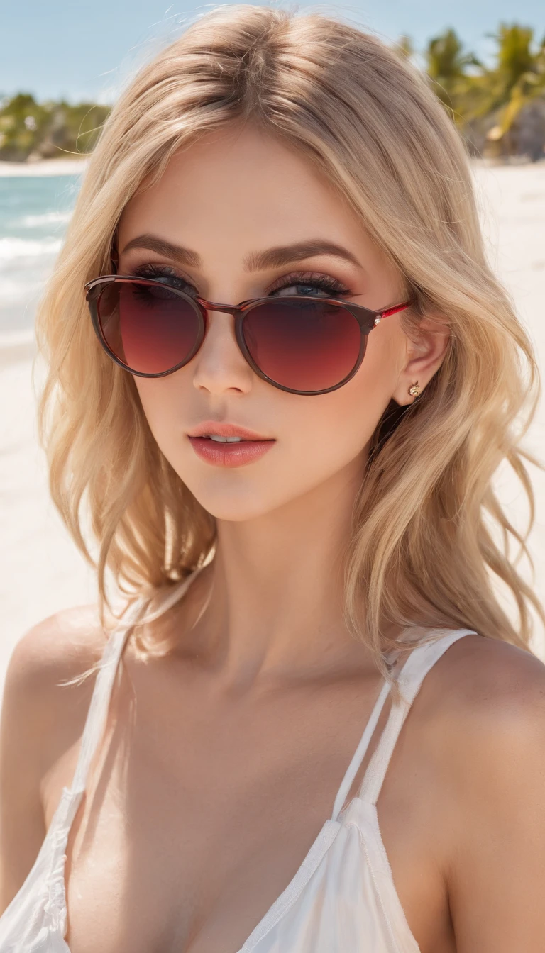 (best quality,4k,8k,highres,masterpiece:1.2),ultra-detailed,(realistic,photorealistic,photo-realistic:1.37),Woman,tanned,Caucasian,blonde hair,wavy hairstyle,beautiful detailed eyes,beautiful detailed lips,extremely detailed eyes and face,long eyelashes,hoop earrings,black cami tank top,red dolphin shorts,busty,petite,big sunglasses,shark tooth necklace,beach,ocean background,sunshine,white sand,playful expression,vibrant colors,portraits,bokeh,soft lighting