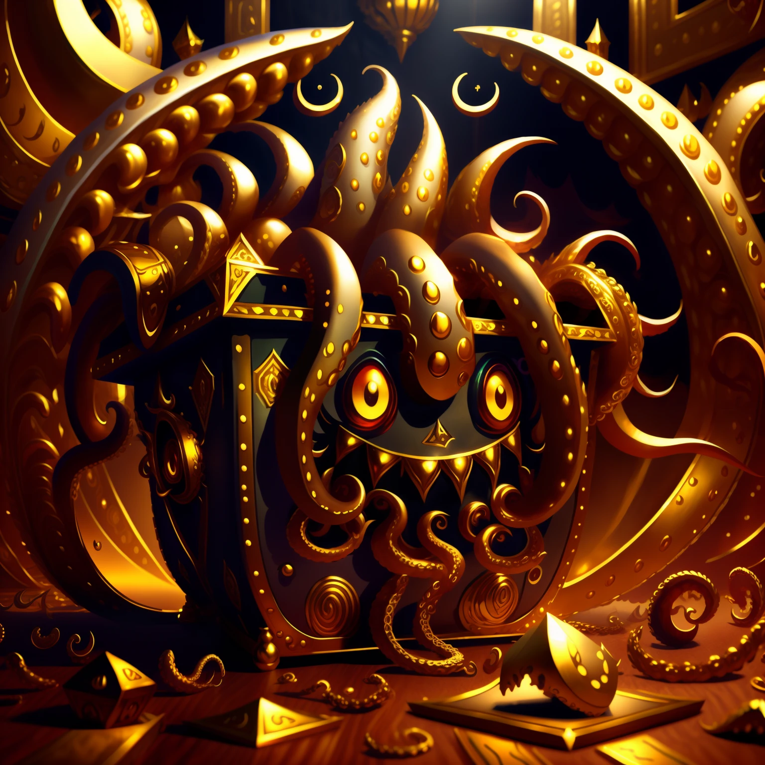 gold, treasure room background, scenery, box shaped monster with fang, extremely gold decorated, half opened, tentaclehorrorai