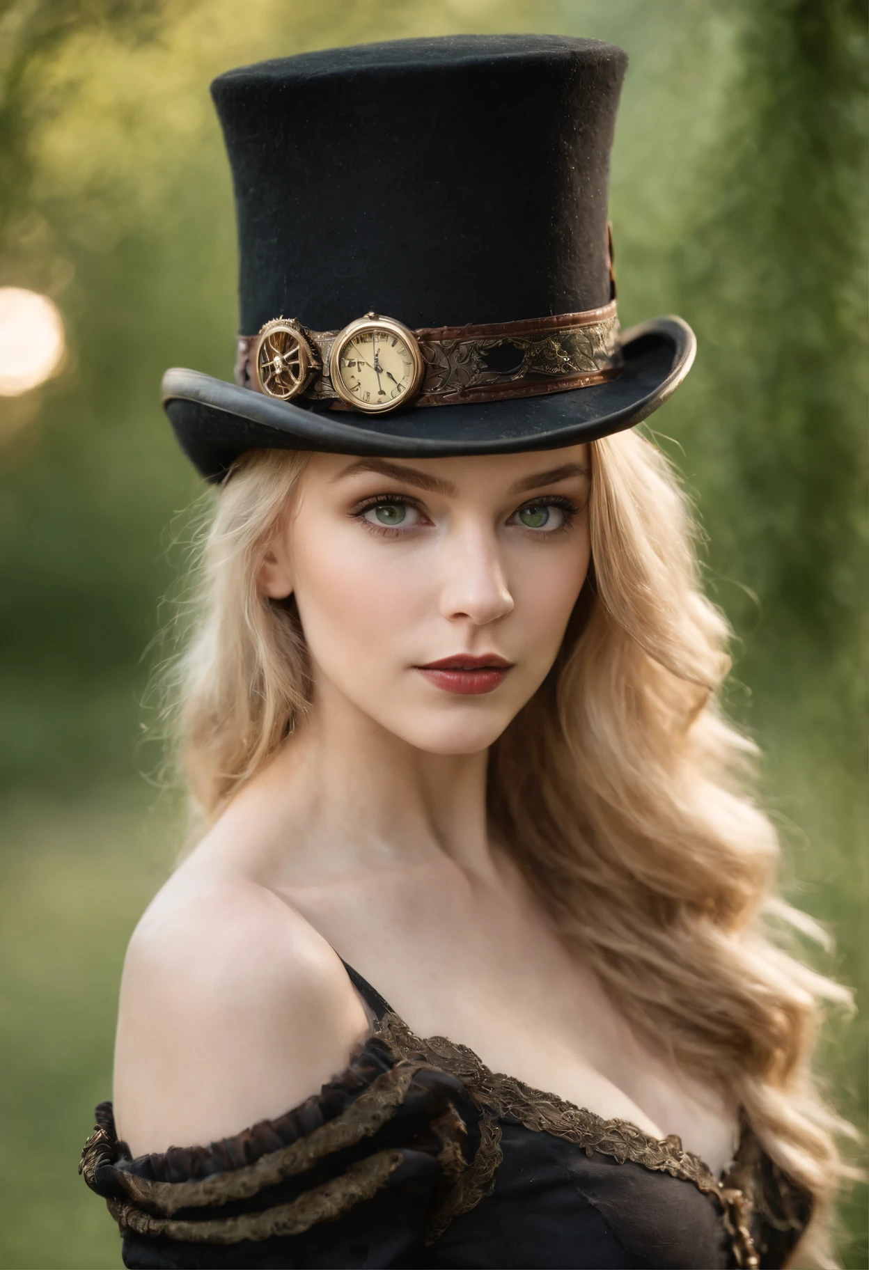 steampunk women around 18 years old, Natural blond hair, Distinctive green eyes, Wearing steampunk top hat, slender and graceful,, Beautiful, Candlelight in medieval atmosphere, Ultra Sharp Focus, realistic shot, Women's clothing in the Middle Ages, Tetradic color (Scar:1.4)