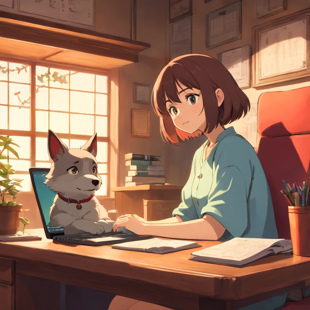Anime girl sitting at desk，Holding a laptop and a dog, Digital Art Ilyakbinov, digital anime illustration, artgerm and atey ghailan, Guviz-style artwork, by Atey Ghailan, cyril rolando and goro fujita, digital anime art, procreate illustration, adorable digital art, lofi portrait