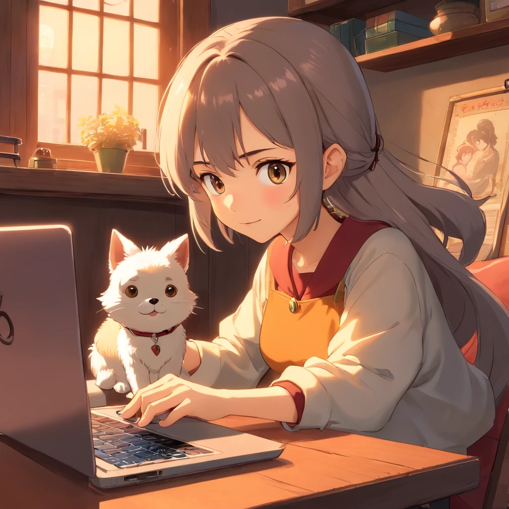 Anime girl sitting at desk,Holding a laptop and a dog, Digital Art Ilyakbinov, digital anime illustration, artgerm and atey ghailan, Guviz-style artwork, by Atey Ghailan, cyril rolando and goro fujita, digital anime art, procreate illustration, adorable digital art, lofi portrait