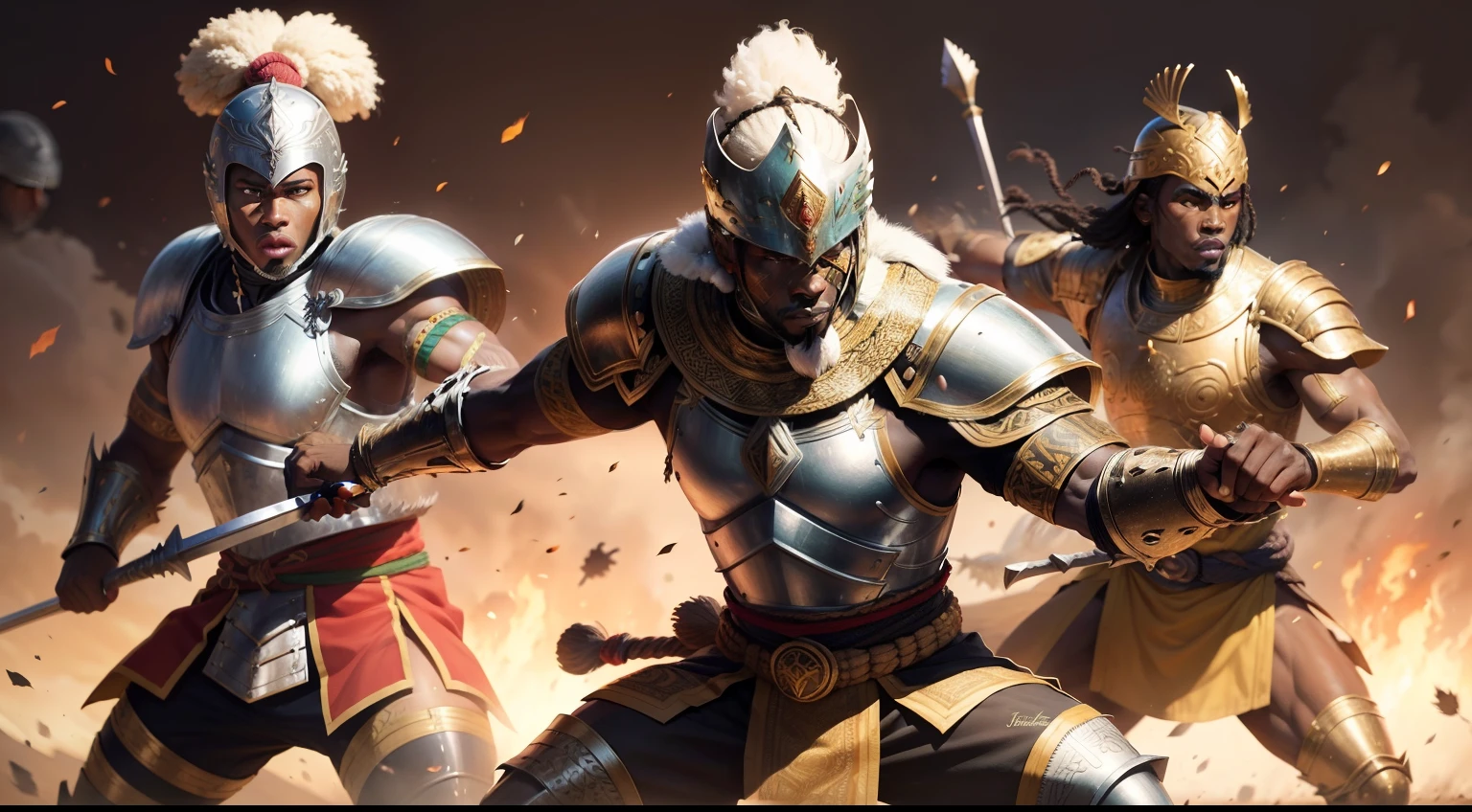 African warriors in battle attire: Create a series of illustrations showcasing different African warriors wearing traditional battle attire, such as intricate armor, shields, and spears. Capture the diversity of African cultures and their unique fighting styles.