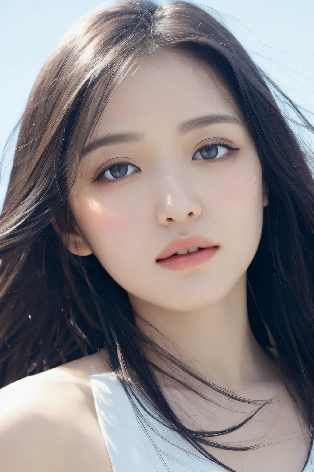 (Detailed and realistic portrait of pretty face girl)、(Shot outside with round eyes and long flapping hair)、Staring at the camera、magical photography、Dramatic lighting、Photographic realism、ultra-detailliert、Super close-up of the face
 Intimate portrait composition、(Center image composition)、(up close shot:1.6)、top-quality、f / 1。8、85 mm、
(28 year old Asian woman), black_hair,(black_eyes:1.2),(bangss),makeup,white_dress,
(Hazy blue_sky_background)