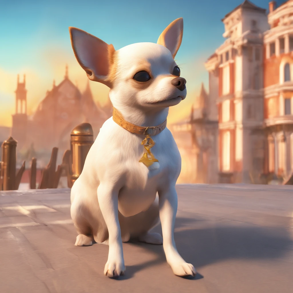 masutepiece, Best Quality, Movie Still, 1womanl, I'm so glad to hug her Chihuahua, Beautiful vanilla sky background
