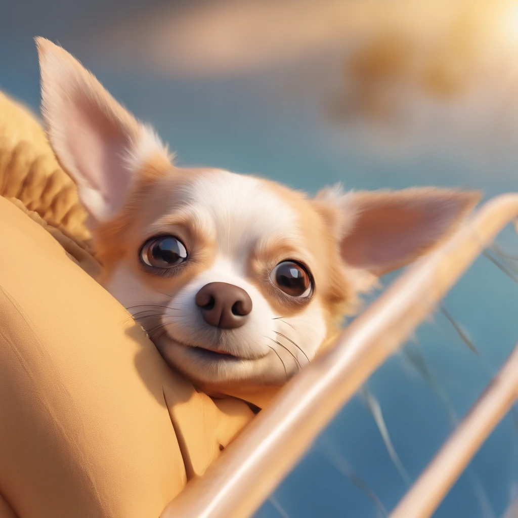 masutepiece, Best Quality, Movie Still, 1womanl, I'm so glad to hug her Chihuahua, Beautiful vanilla sky background