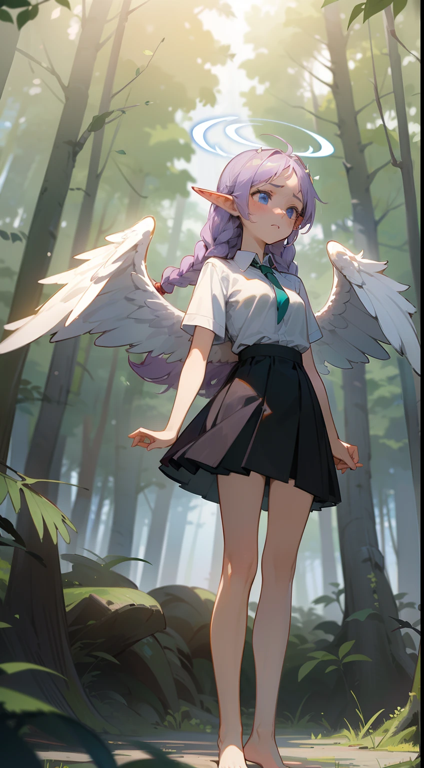 1girl,20s,solo,sad face,white school shirt,black scholl skirt,small tits,light purple hair,long hair,braided hair,(((Angel of Light Angelica Wings))),blue eyes,,elves ears,barefoot,(((standing in front of a forest)))