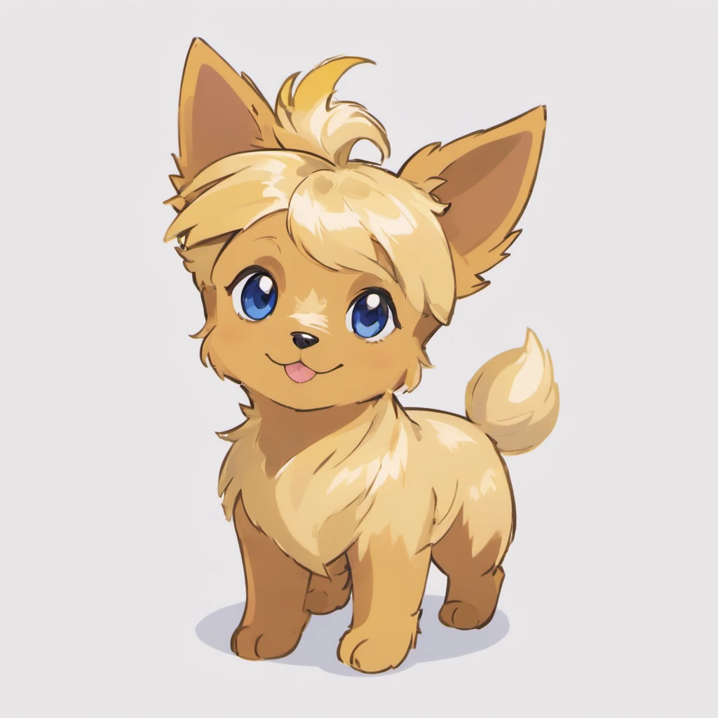 Certainly! Here's a detailed description of what an adult Yorkshire Terrier looks like in paragraph form:

The adult Yorkshire Terrier, affectionately known as a "Yorkie," is a breed celebrated for its dainty appearance and confident disposition. Despite its diminutive size, this small canine exudes elegance and charm.

One of the most striking features of the Yorkshire Terrier is its luxurious coat. With a fine, silky texture, this coat showcases a combination of blue and tan colors. The blue is a steel blue hue, while the tan graces the head, chest, legs, and the base of the tail. Notably, their coat is hypoallergenic, making them a suitable choice for allergy-sensitive individuals.

In terms of their physical attributes, Yorkshire Terriers are petite and compact, with a well-proportioned and delicate build. Their posture is characterized by a level back and a slightly arched neck, which adds to their overall sense of vitality and energy.

The head of a Yorkshire Terrier is small and features a slightly flat top. Their muzzle is short, accentuating their black nose. Their round, expressive eyes are dark and often framed by long eyelashes, imparting a charming and engaging appearance. Ears, small and V-shaped, stand erect, reflecting alertness and attentiveness.

Their limbs are straight and fine-boned, while their small, round feet boast black toenails. Despite their delicate appearance, Yorkshire Terriers move with grace and sprightliness.

The tail of the Yorkshire Terrier is typically docked, leaving it short and carried high. When not docked, it showcases the same silky blue and tan hair as the rest of their body.

Overall, Yorkshire Terriers possess a confident and spirited expression, characterized as "self-assured." Their small stature is counterbalanced by their vivacious personalities, known for loyalty and affection, making them cherished and endearing companions. Looks a little like the pokemon Lillipup, artwork by sowsow, white background,