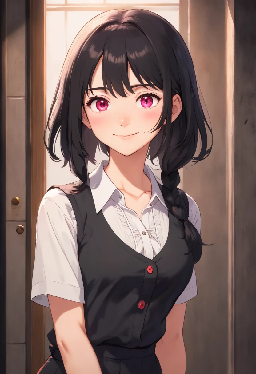 8K picture quality、top-quality、masutepiece、An ultra-high picture quality、ultra-detailliert、Ultra-realistic hair quality、Vibrant colors、Beautuful Women、Beautiful long hair、Shiny hair、detailed hairs, poneyTail、Violet eyes、shinny skin、Lace underwear、big breasts、Sweat on the forehead and cheeks, A smile、soft pink lips、Ultra-realistic flesh feeling、Red cheeks、Black Vest with White Blouse, Black Blouse Collar, black hair, looking at camera, blank background, mugshot