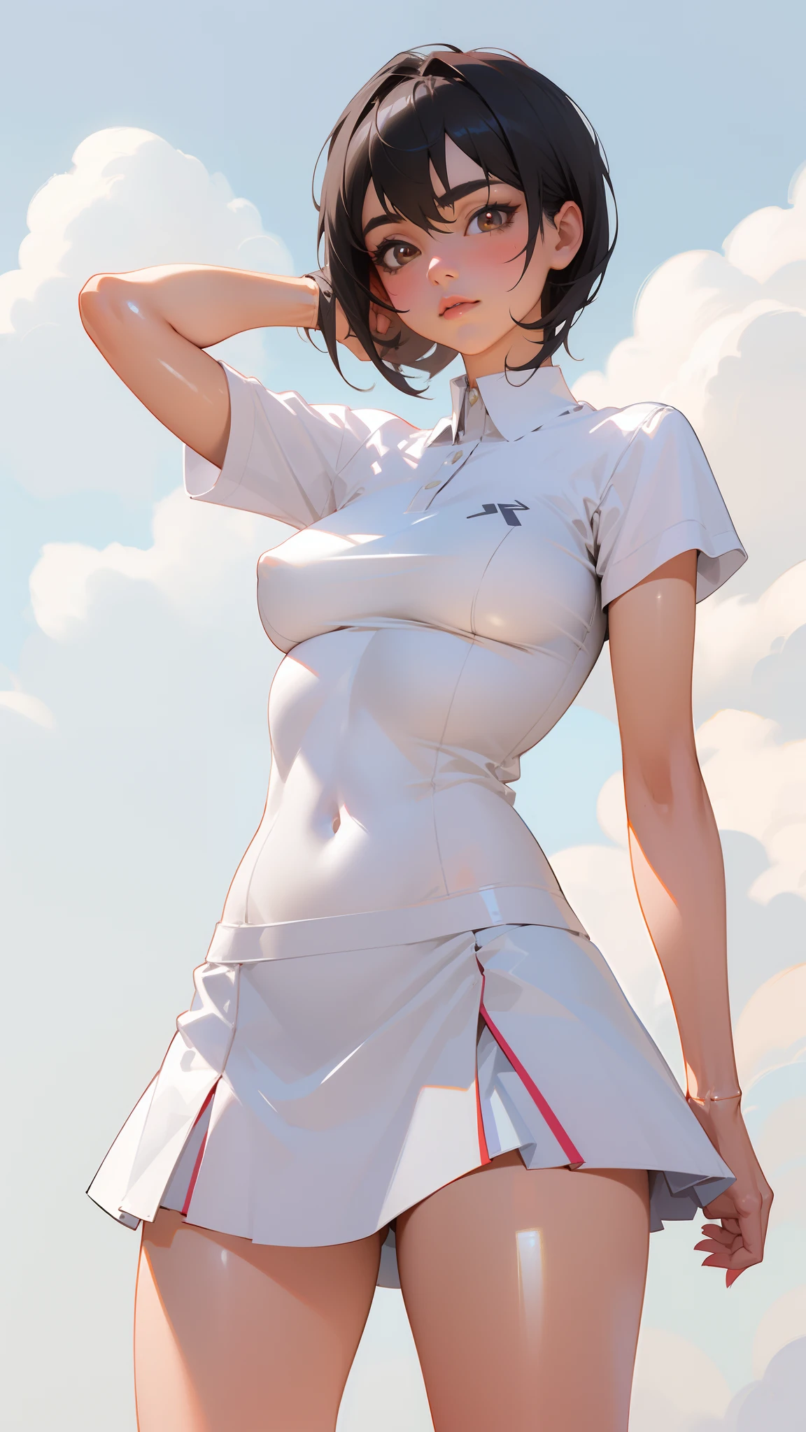 1girl huge large breasts, 独奏, White polo shirt, White sneakers, tennis wear, white mini-skirt, masterpaintings, the best quality, pphotorealistic, Ultra-detailded, (shiny skins, perspired:1.4), Preposterous, looking at the spectator, with short black hair, brown-eyed,Slender,Dynamic light and shadow,high resolucion,Sharp focus,depth of view,The eyes are delicate,Sharp pupils,pupil realistic,(massive boobs),(thick-thighs:1.0),plein-air,skies