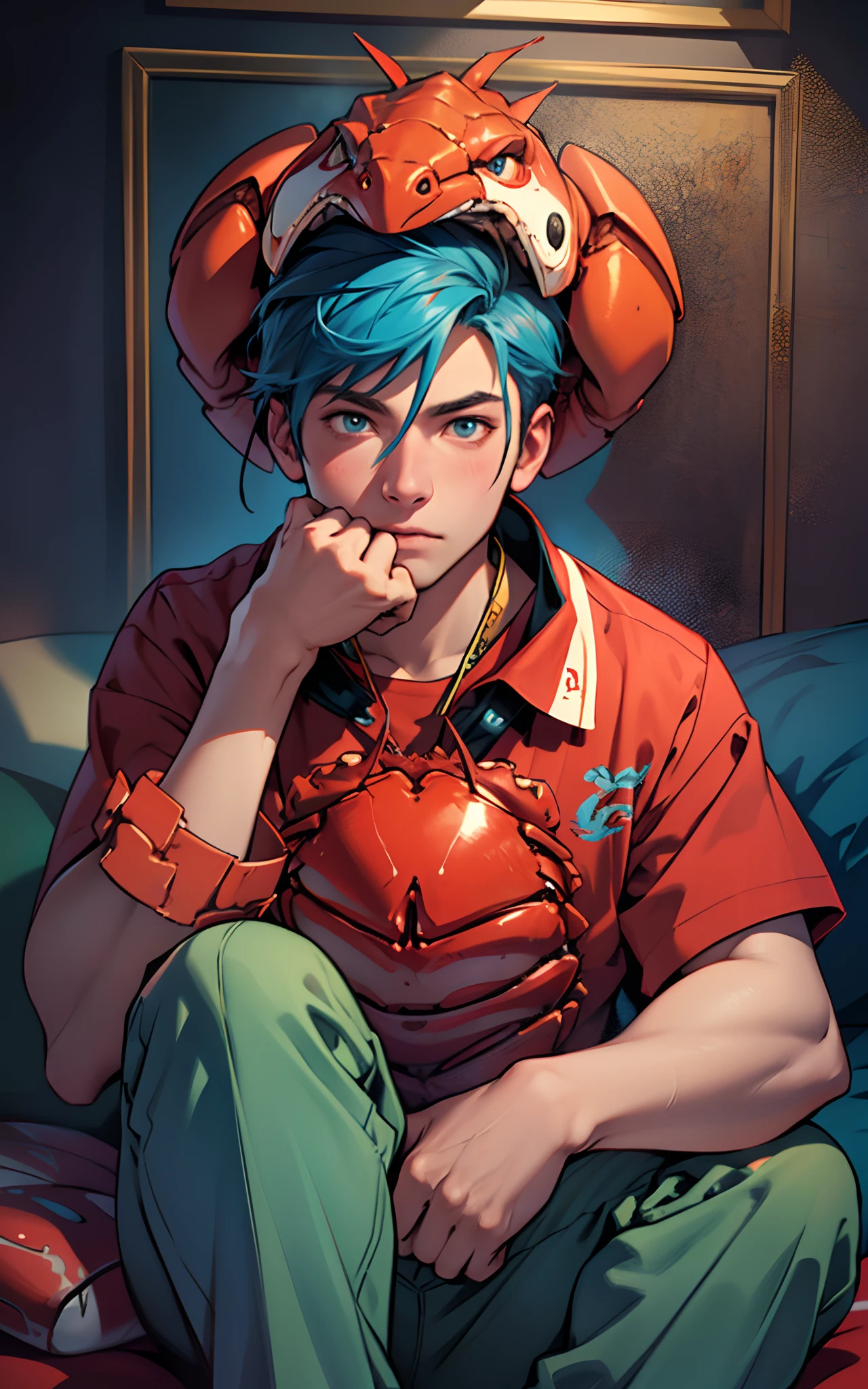 Young man with lobster head、Hands covered in red shells、Paws covered in red shells、Wearing a blue shirt and blue pants、Best Quality, Ultra-detailed, Realistic:1.37, Vibrant colors, Portraits, Warm tones, Soft lighting.